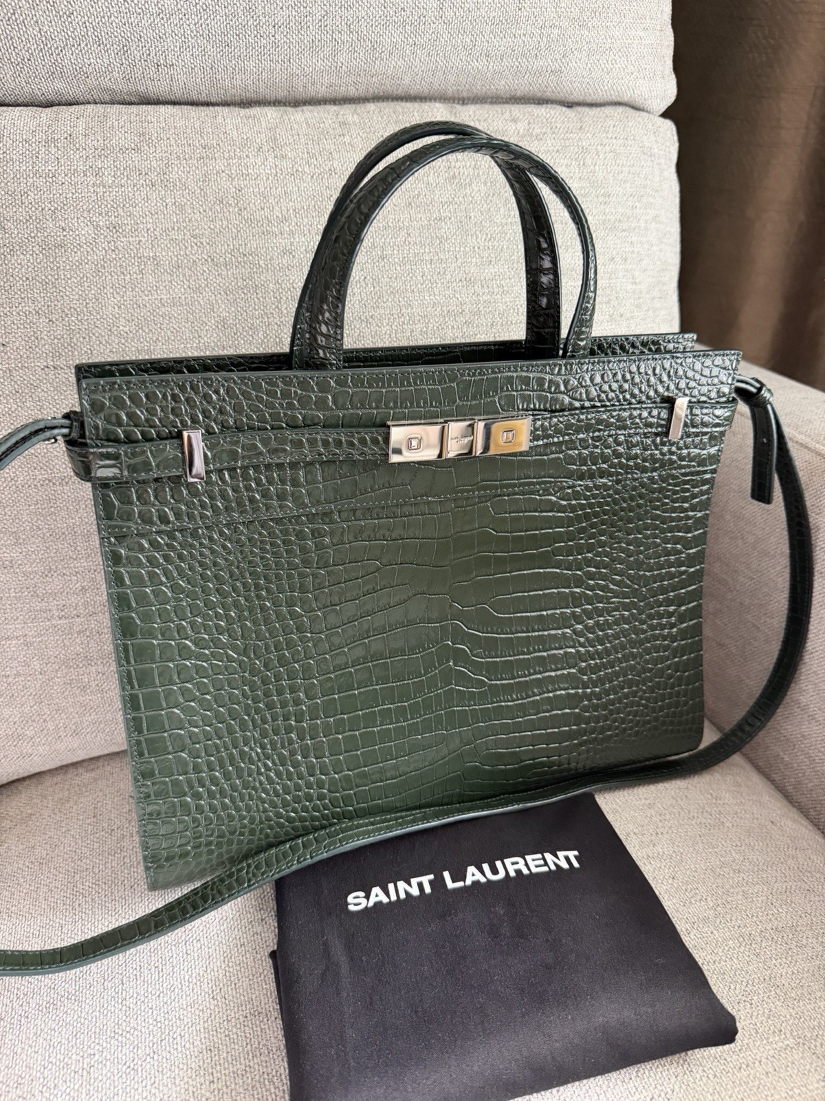 SAINT LAURENT Small Manhattan Green Silver Embossed Leather Bag Shoulder Strap