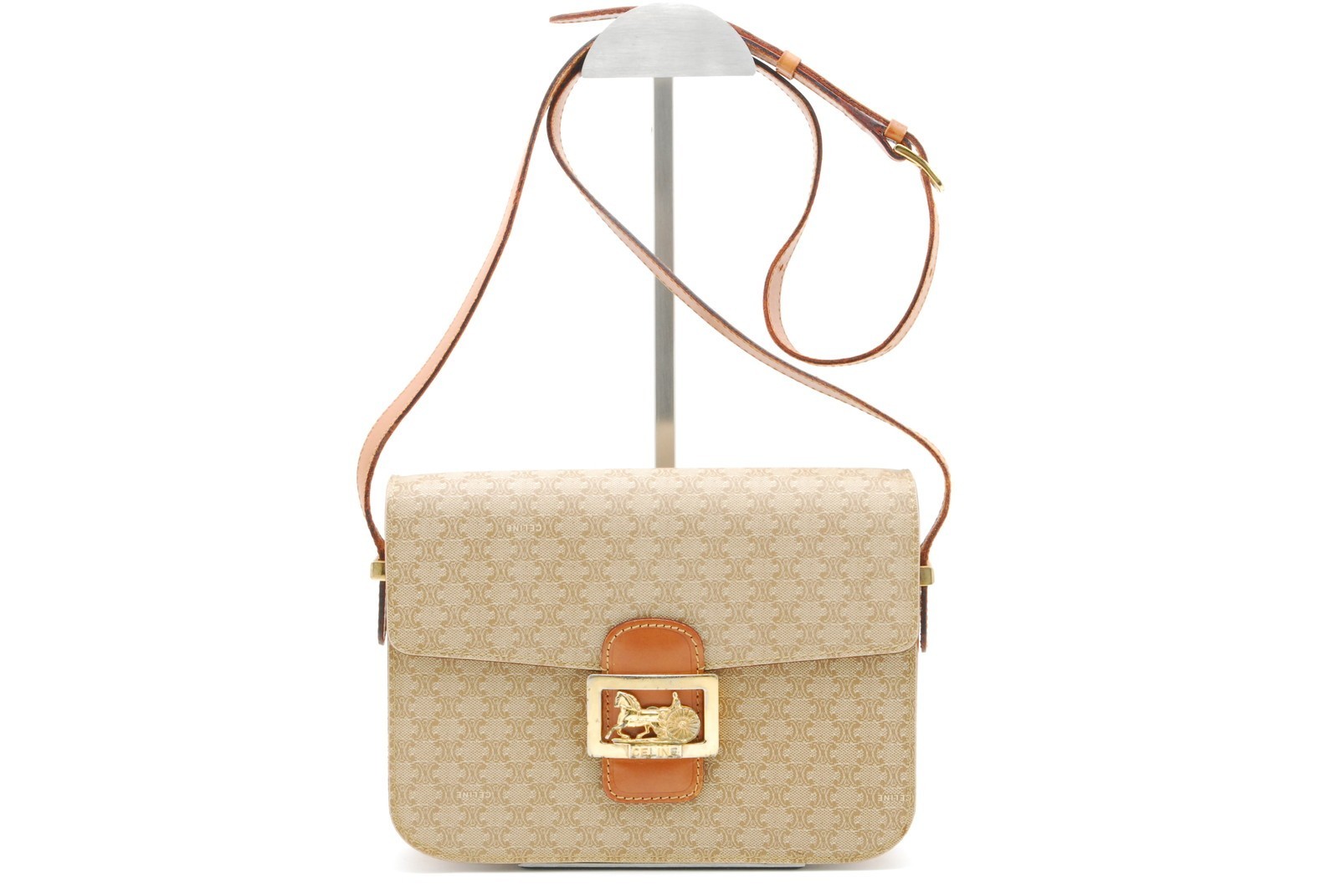 CELINE Shoulder Bag Horse Carriage Macadam PVC Leather Beige Vintage