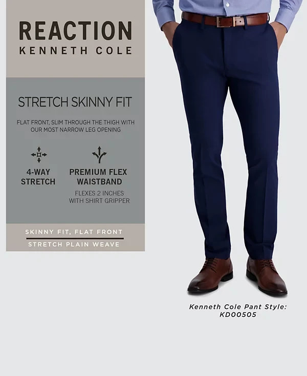 Kenneth Cole Reaction Men’s Pants Gabardine Skinny Fit Stretch 34W 32L Plaid