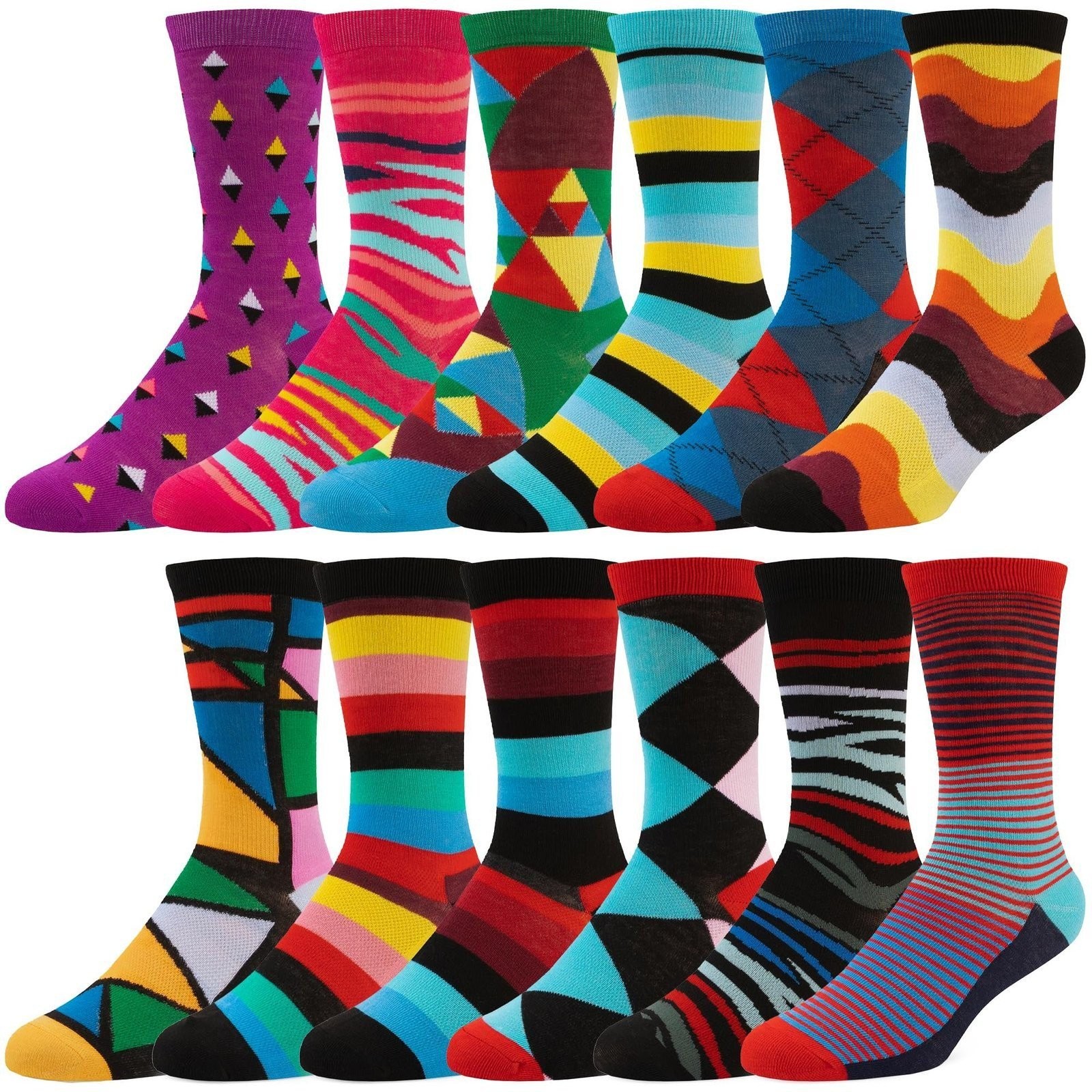 ZEKE Men’s Dress Socks Funky Fun Colorful Crew Socks 12 Assorted Patterns