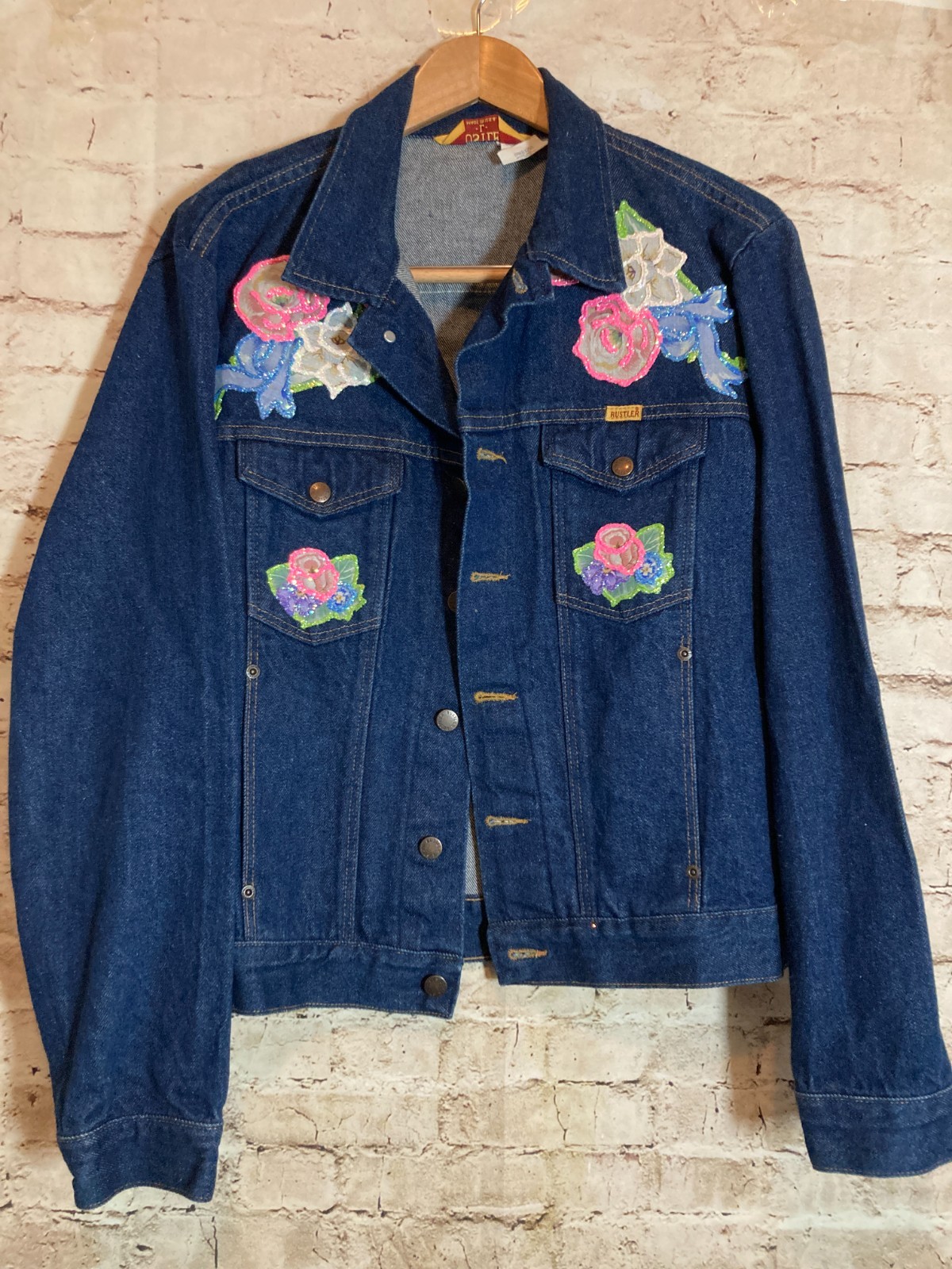 Vintage Rustler Jean Jacket Women Large Hand Painted Artsy Dark Wash 80’s Button