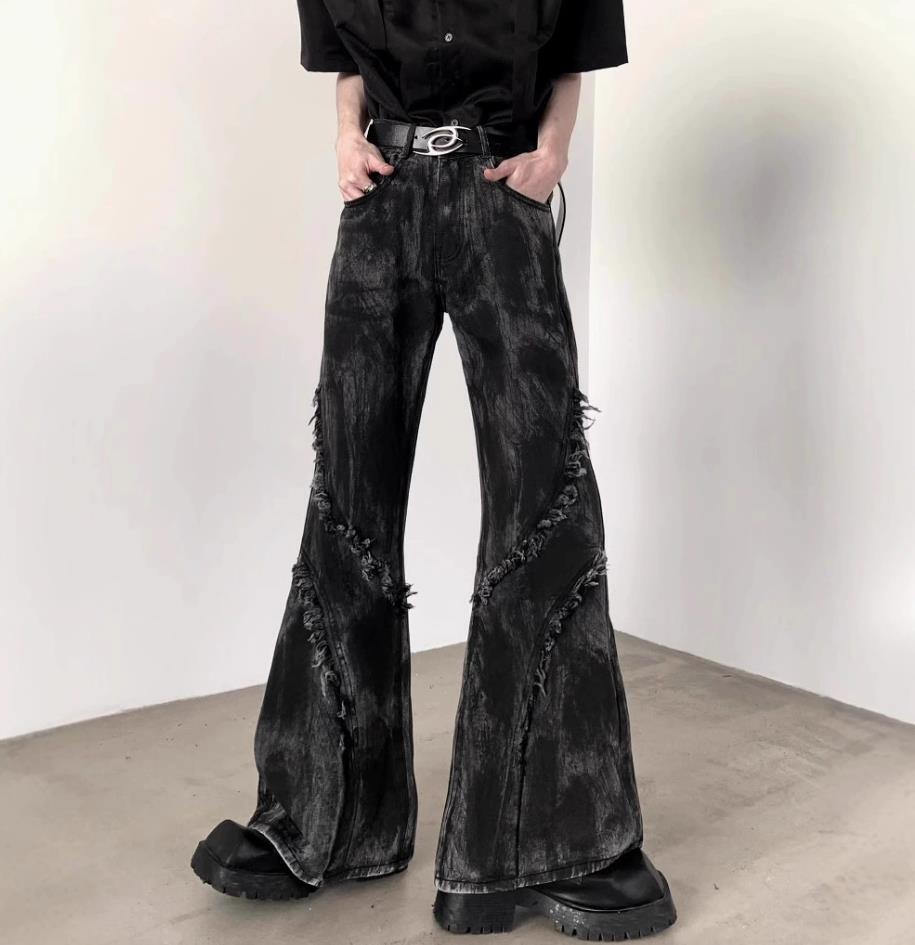 Men’s Black Denim Jeans Flared Casual Punk Hip Hop Trousers Tassels Pants New