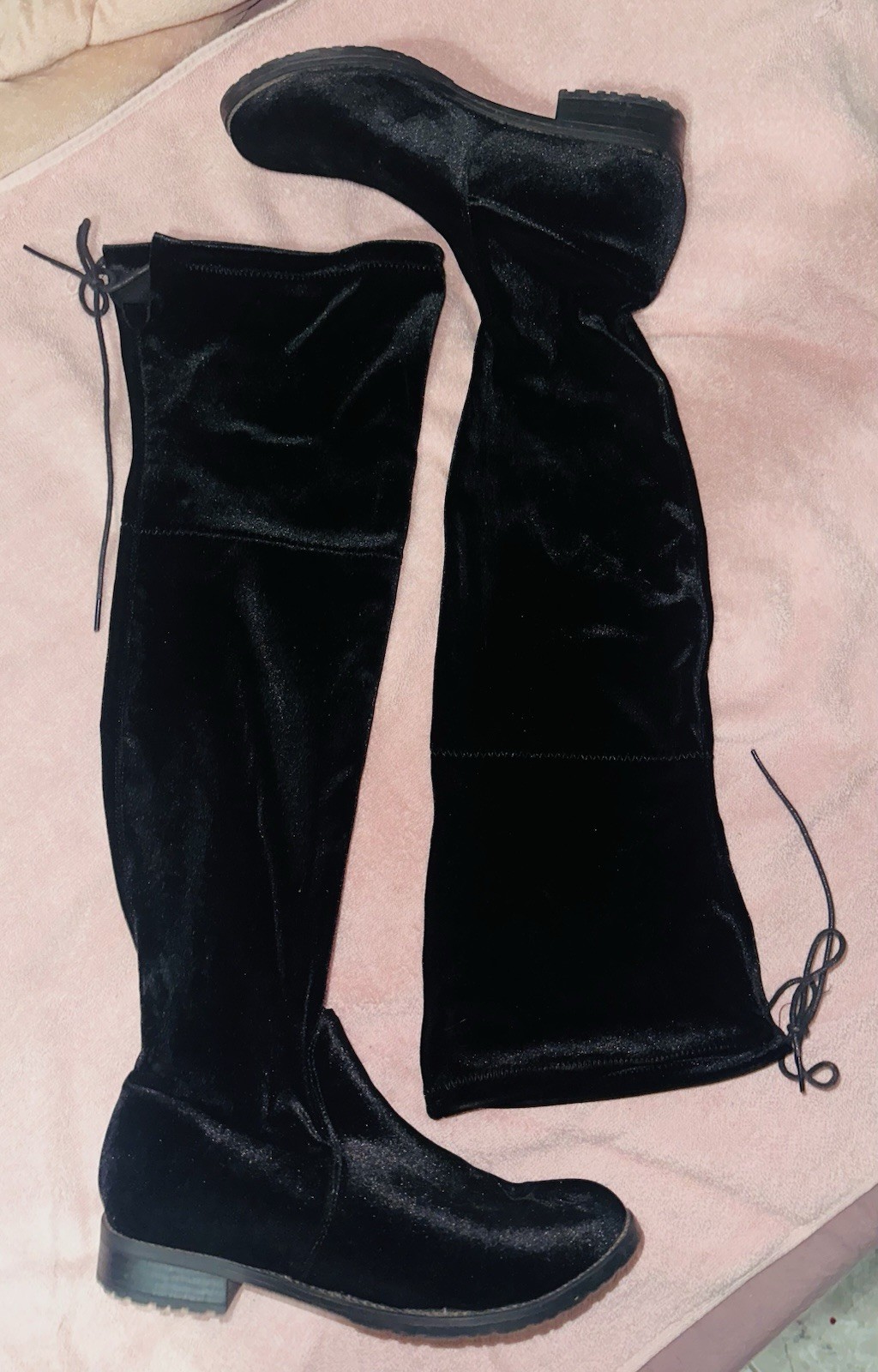 Black Lace-Up Over-the-Knee Velvet Boots Round Toe Comfort US 7.5