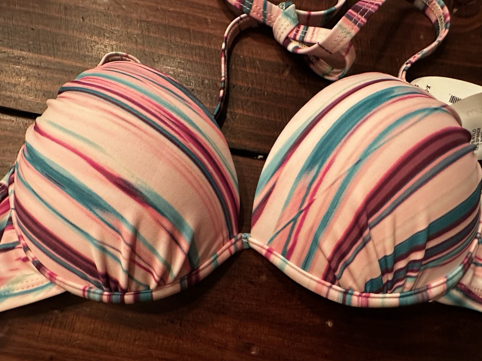 Maui Striped Padded Adjustable Halter Bikini Top, X-Small Pink/Blue/White