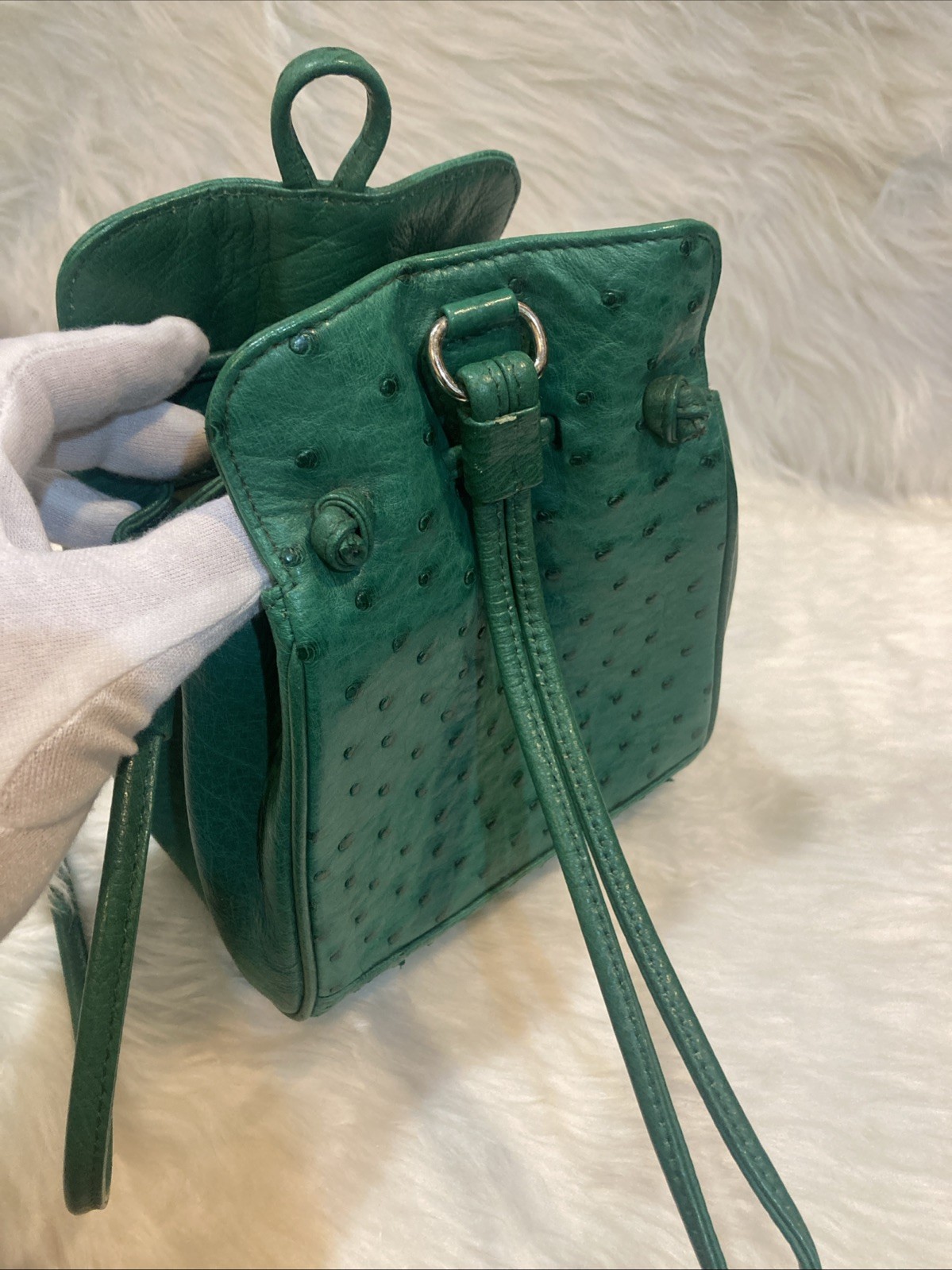 Ostrich Leather Shoulder Bag Green Crossbody Purse Women’s 17cm Vintage