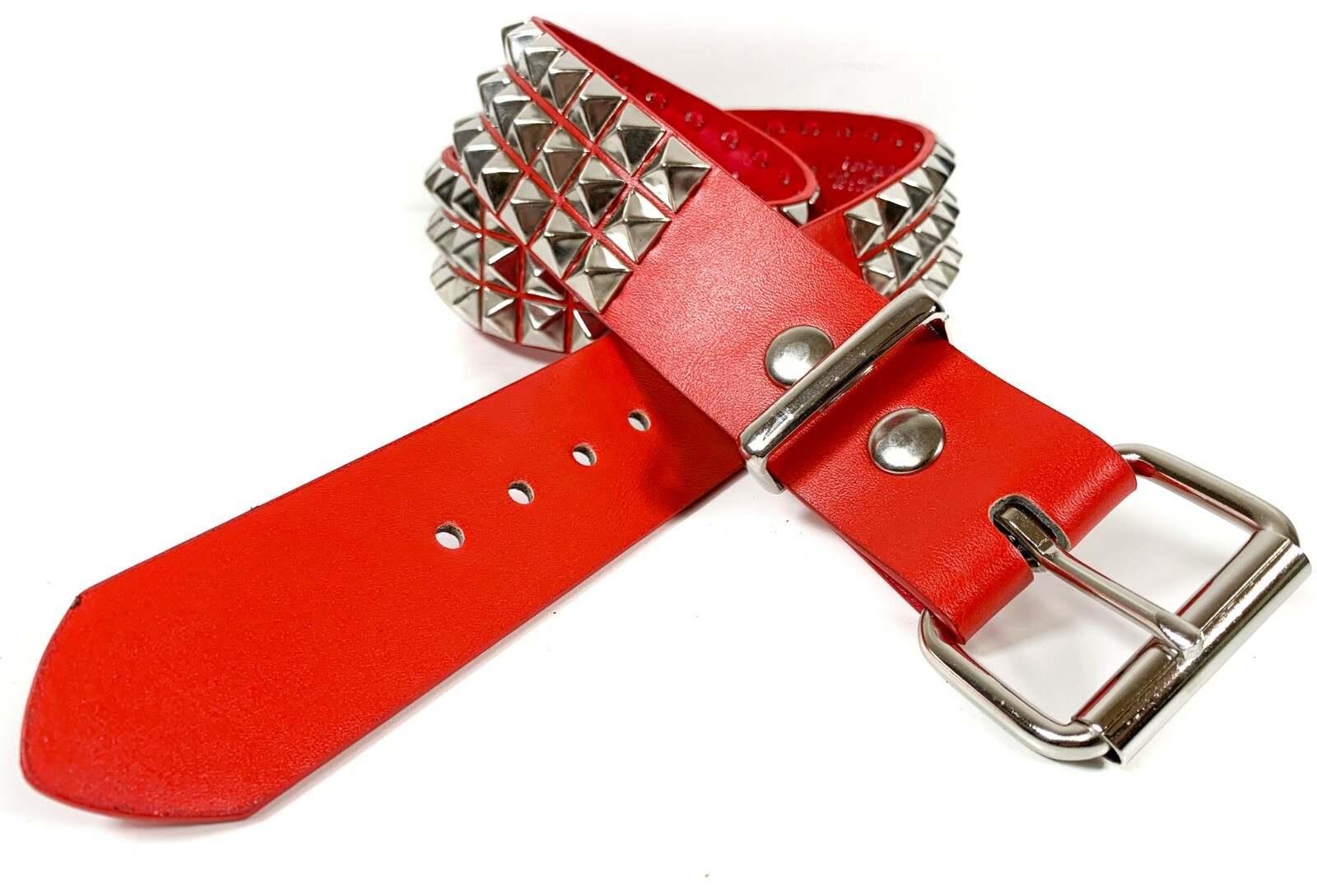 Vegan Red Leather Three Row Pyramid Stud Belt Genuine Punk Goth Metal Funk Plus