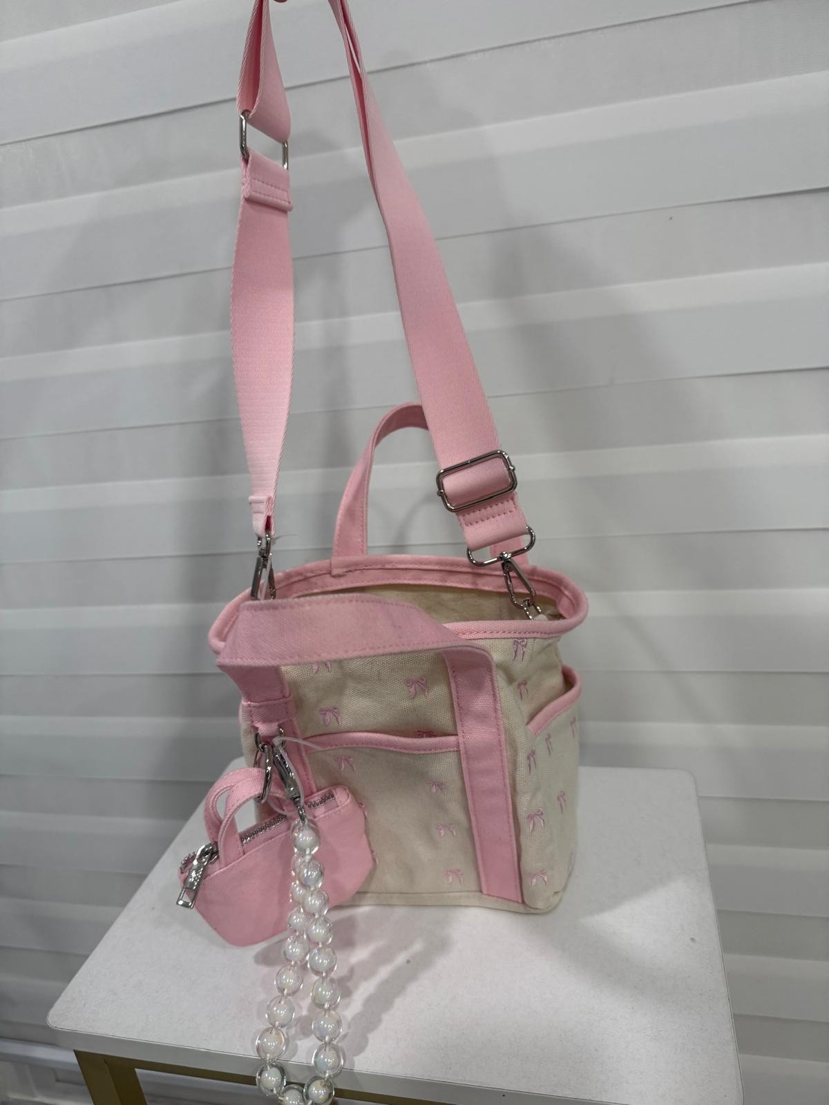 Madden Girl Mini Tote Pink Canvas Bow Bag with Charm & Pouch women