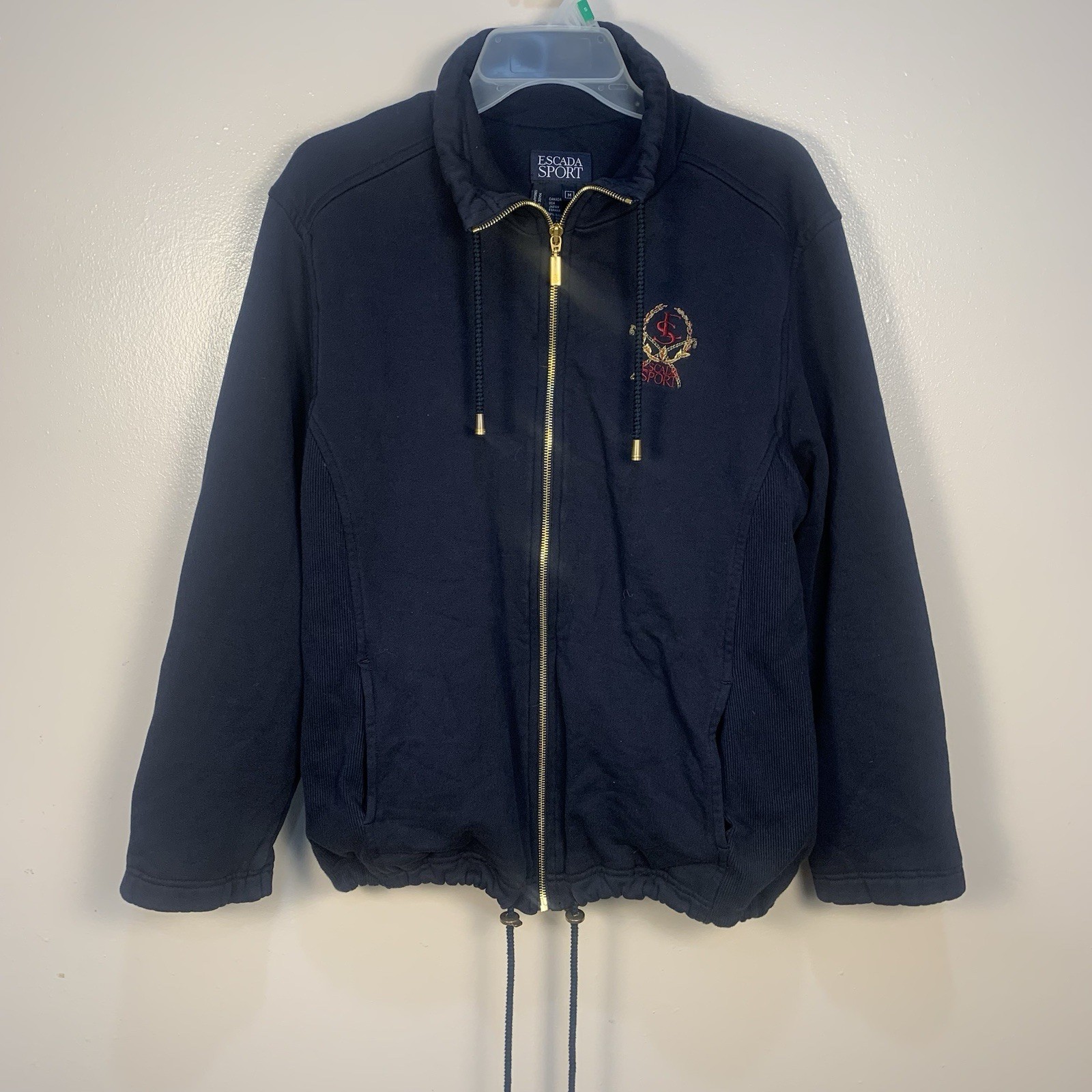 Escada Sport Front Zipper Logo Embroidered Sweatshirt Jacket Drawstring Navy M