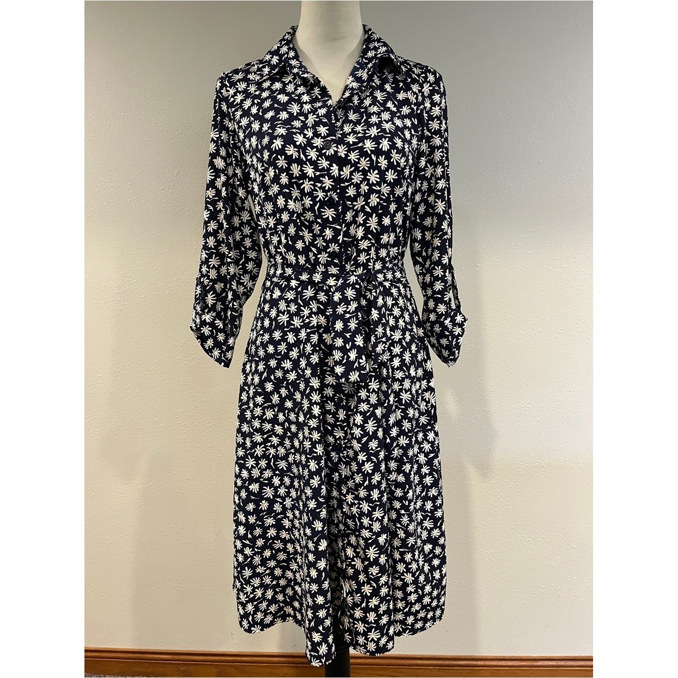 Navy and White Floral button down dress with belt