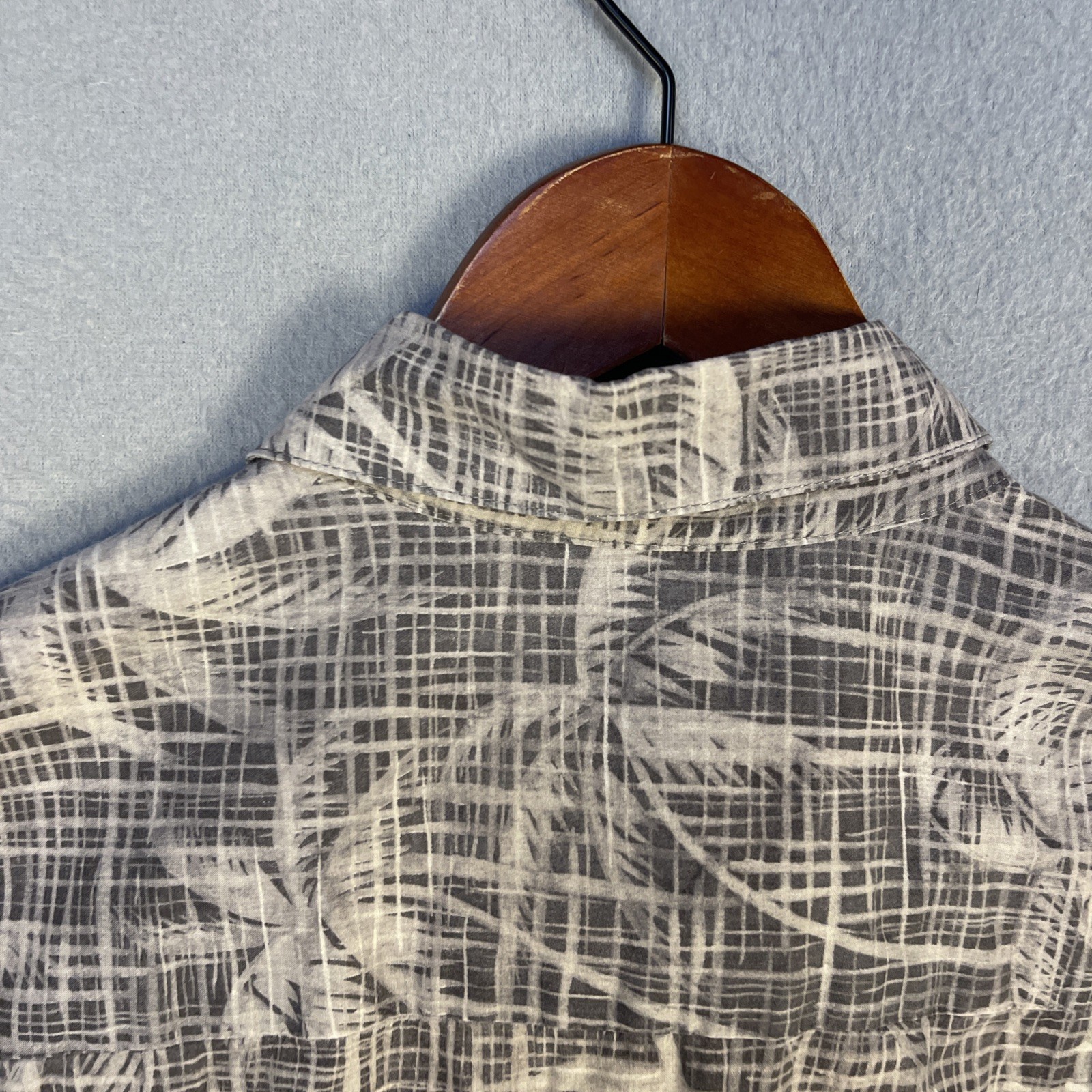 Tori Richard Shirt ens L Grey Palm Grid Cotton Lawn Aloha Hawaiian Made in USA