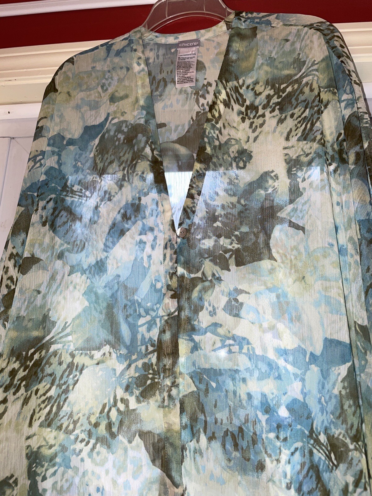 Chico’s Open Cover Up Lightweight Sz S/M Kimono Top Blue Green Rayon Blend