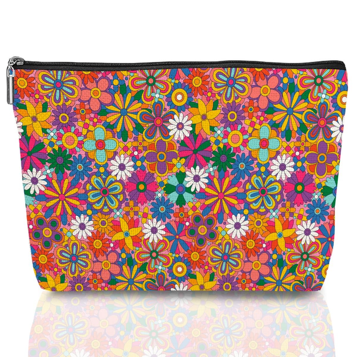 Retro Hippie Flowers Makeup Bag Floral Lovers 9.8×7 Inches, Multicolor426