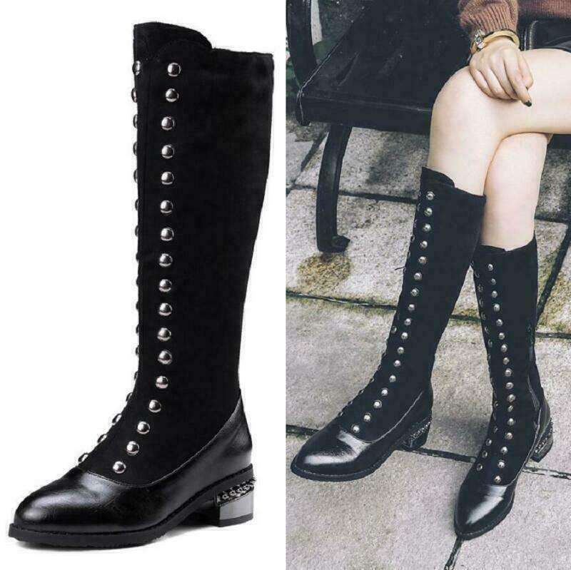 British Women’s Studded Pointy Toe Zip Knee High Boots Biker Gothic Riding Shoes