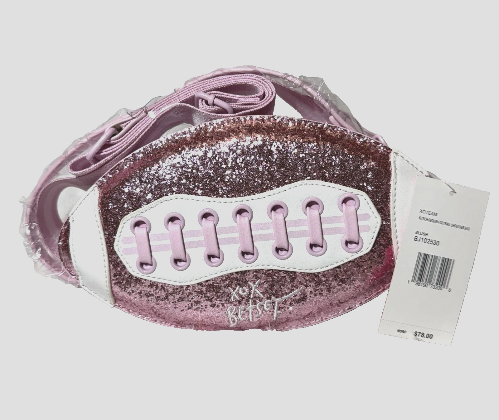 GAME DAY Betsey Johnson XO Blush Pink Sequin Football Cross Body Purse NWT