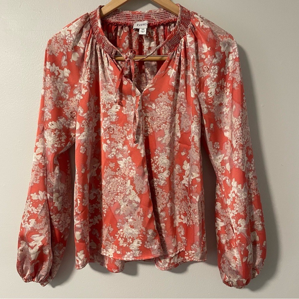 Evereve Coral Salmon Pink Peasant Top Blouse Smocked Neck Bishop Sleeve Women XS