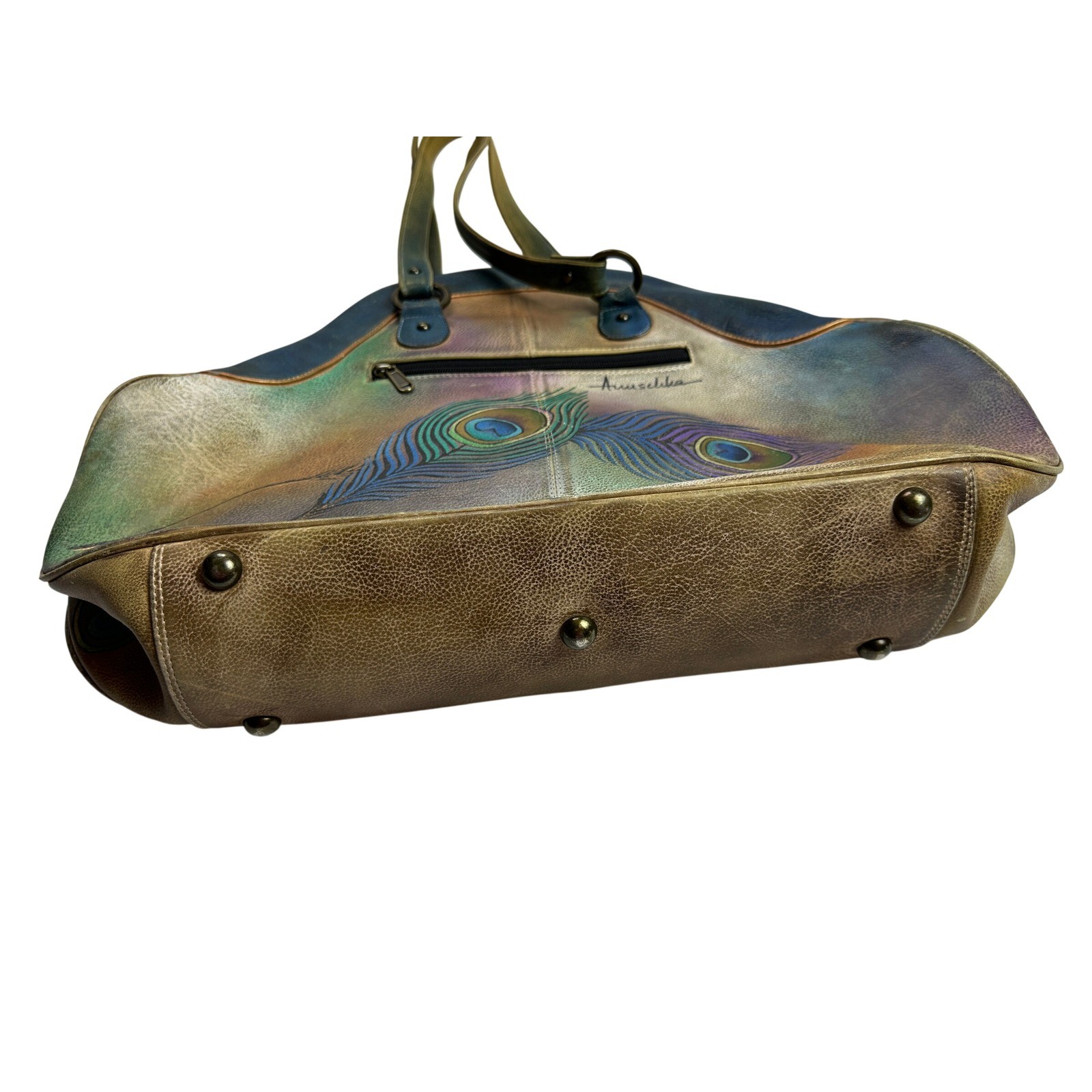 Anuschka Hand Painted Leather Peacock Riveted Floral Shoulder Hand Bag KC