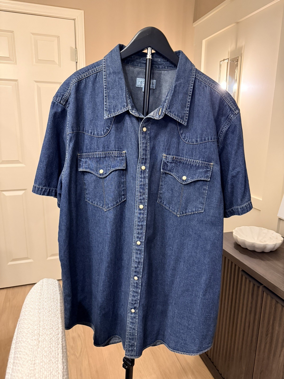 New Tecovas Western Shirt Mens Large Blue Denim Pearl Snap Yoke Short Sleeve