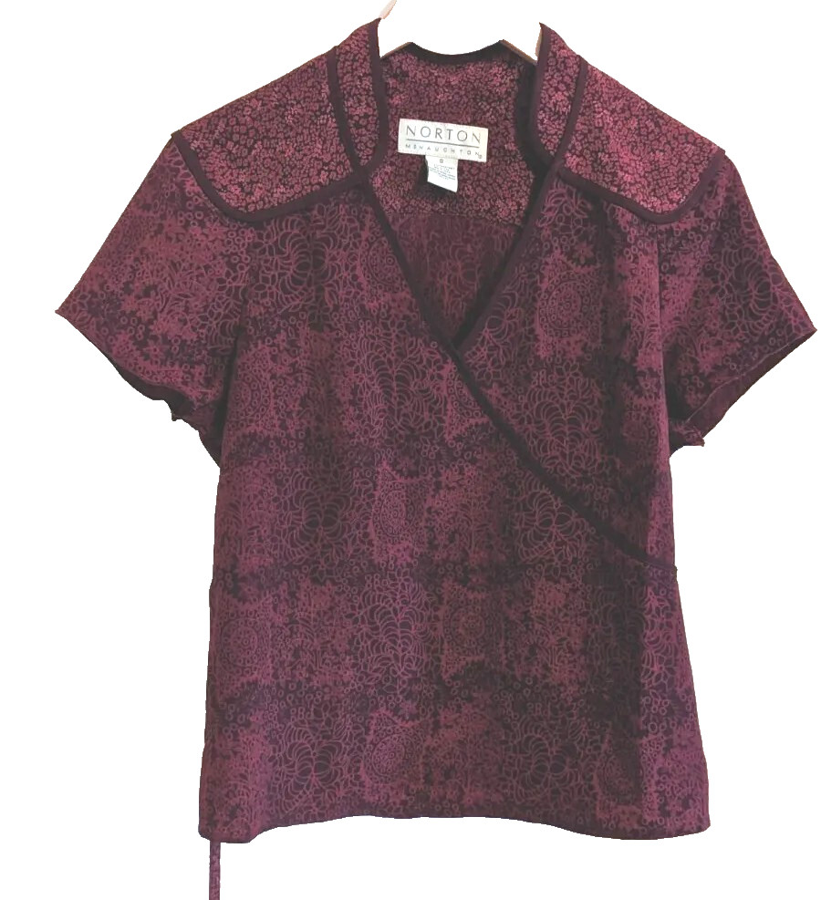 Norton McNaughton Wine Cranberry Red Blouse Vintage 90s Tiny Flowers Faux Wrap S