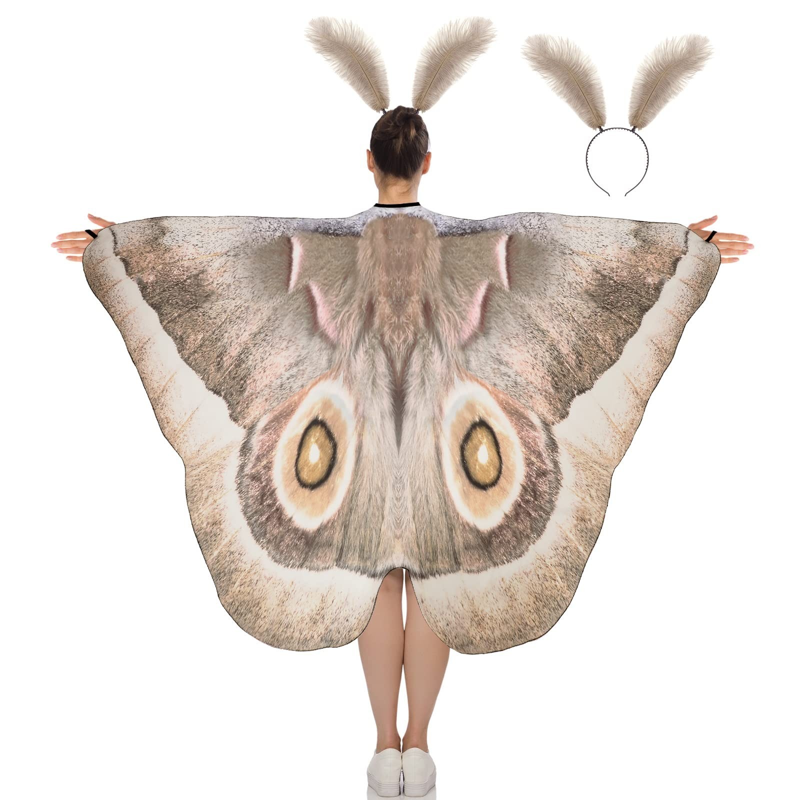 2 Pcs Halloween Moth Butterfly Wings Cape Costume with Feather Ant Headband