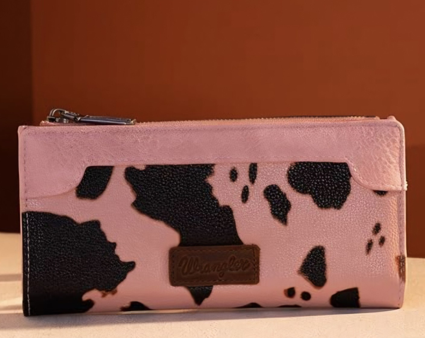 Wrangler Zip-Around Wallet Pink Black Cow Print Western Credit Card Folding