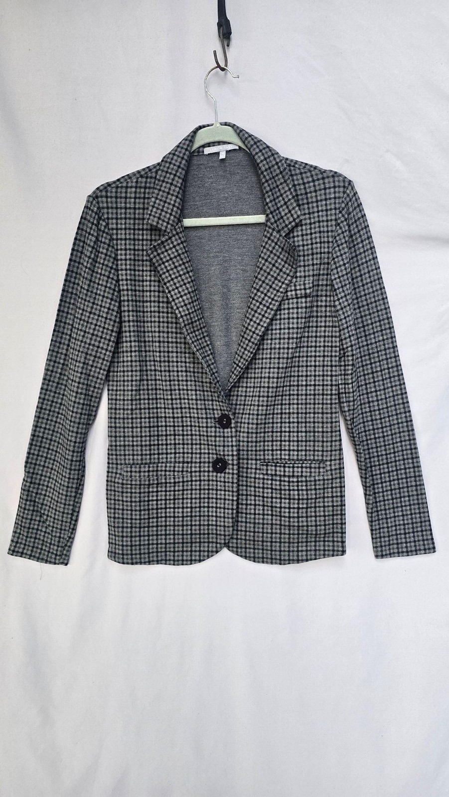 Lemon Tart Blazer Jacket Womens Medium Gray Check Knit 2 Button Workwear Office