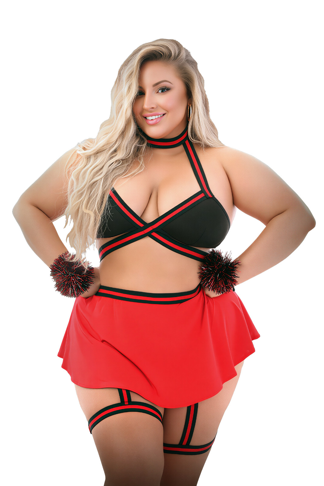 Fantasy Lingerie Play #Squadgoals Cheerleader Costume 4 PC Set Red Black 1X/2X