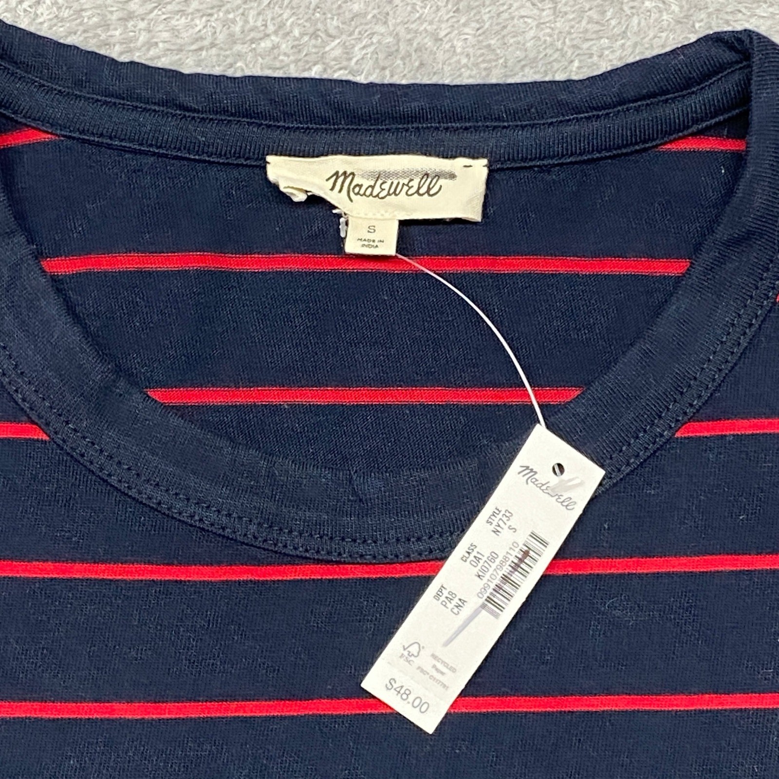 Madewell Top Womens Small Perfect Crewneck Tee Jersey Navy Red Stripe NY733