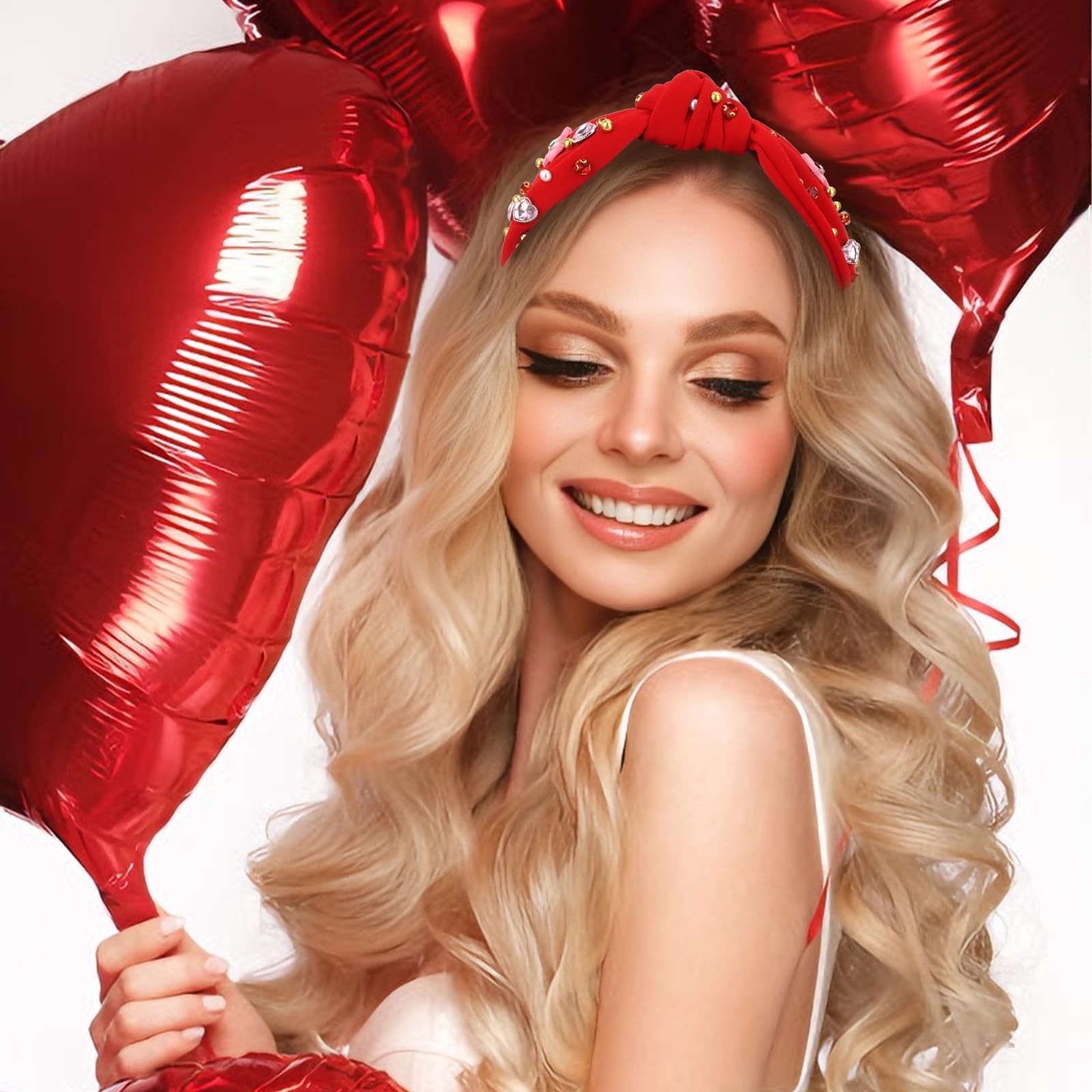 Red Valentine’s Day Knotted Bow Heart Rhinestone Pearl Headband Accessory
