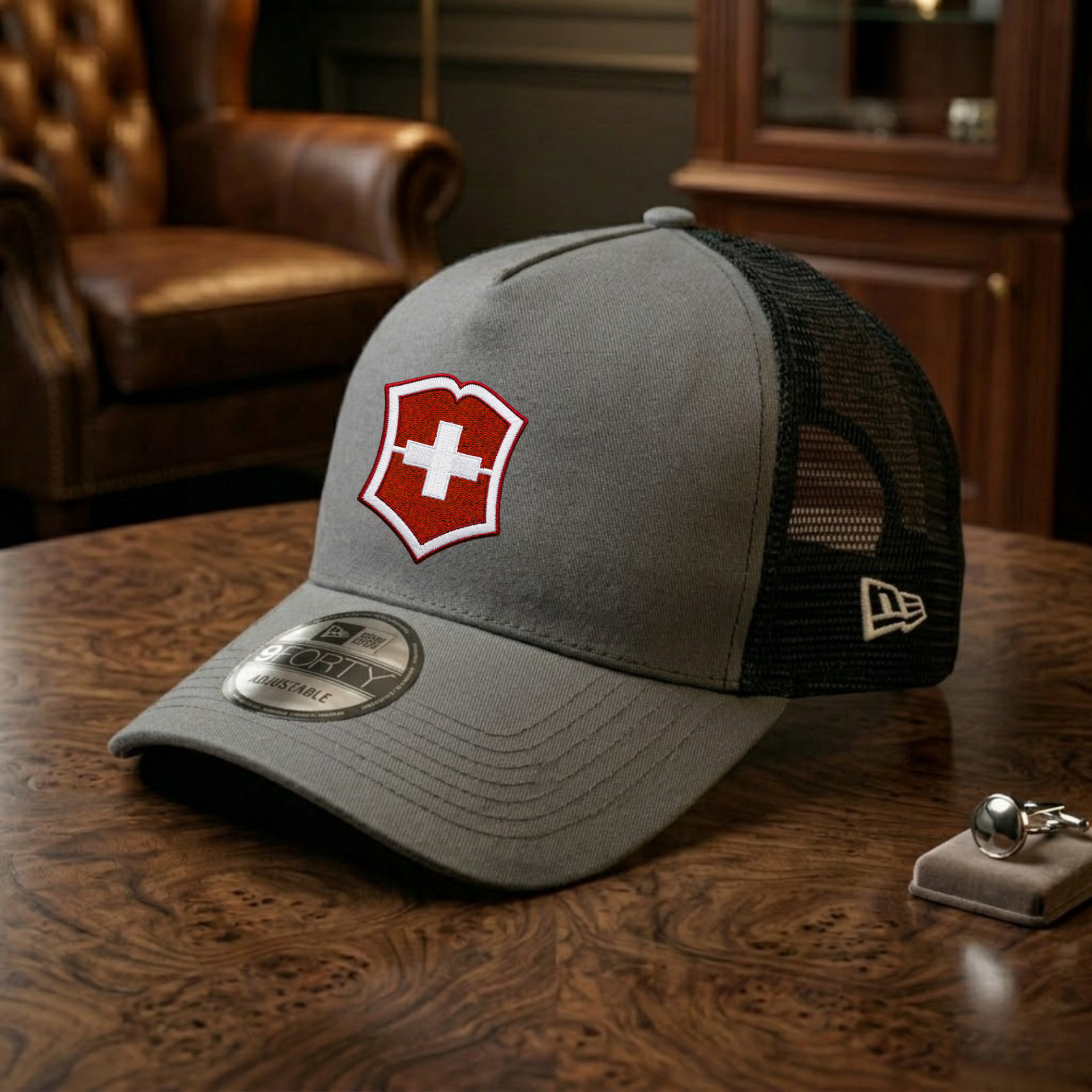 Victorinox Embroidered Logo Trucker Hat Gray Black Mesh Back Adjustable Cap