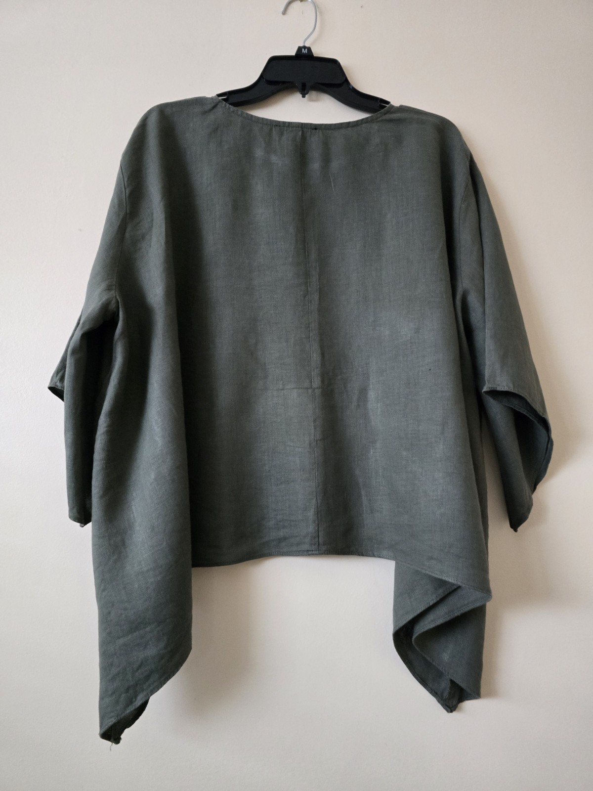 Karen Kane Slub Handkerchief Hem Linen Pullover Top Olive Green SzL Lagenlook