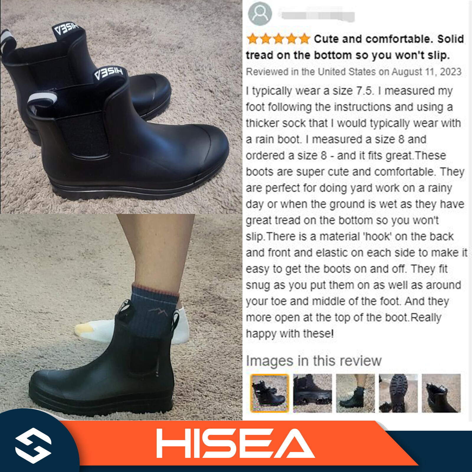 HISEA Women Short Rain Boots Waterproof Non-Slip Garden Shoe Rubber Chelsea Boot
