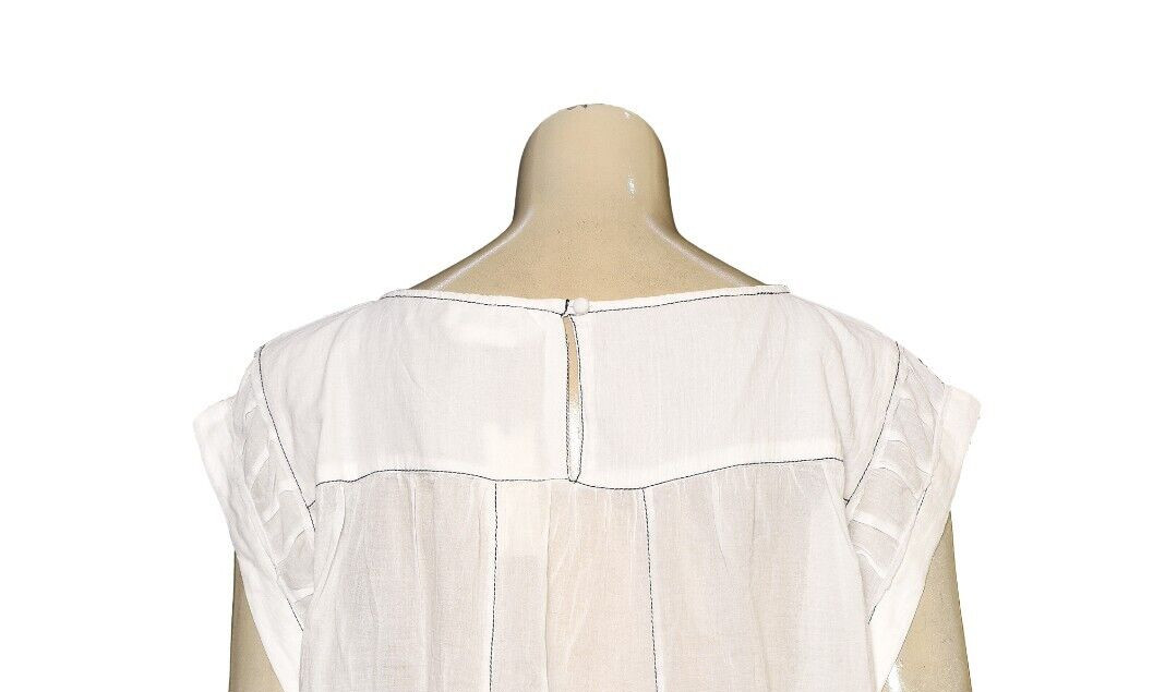 Anthropologie Cap-Sleeve Babydoll Blouse M 8 Sheer White Cotton Crop Top 44597