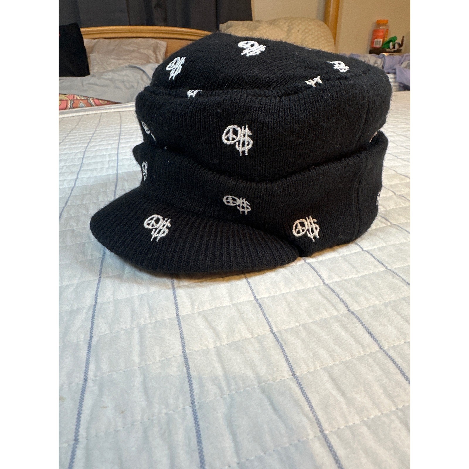 Stussy Peace Dollar Sign Knit Visor Beanie Hat Black White All Over Print OSFA