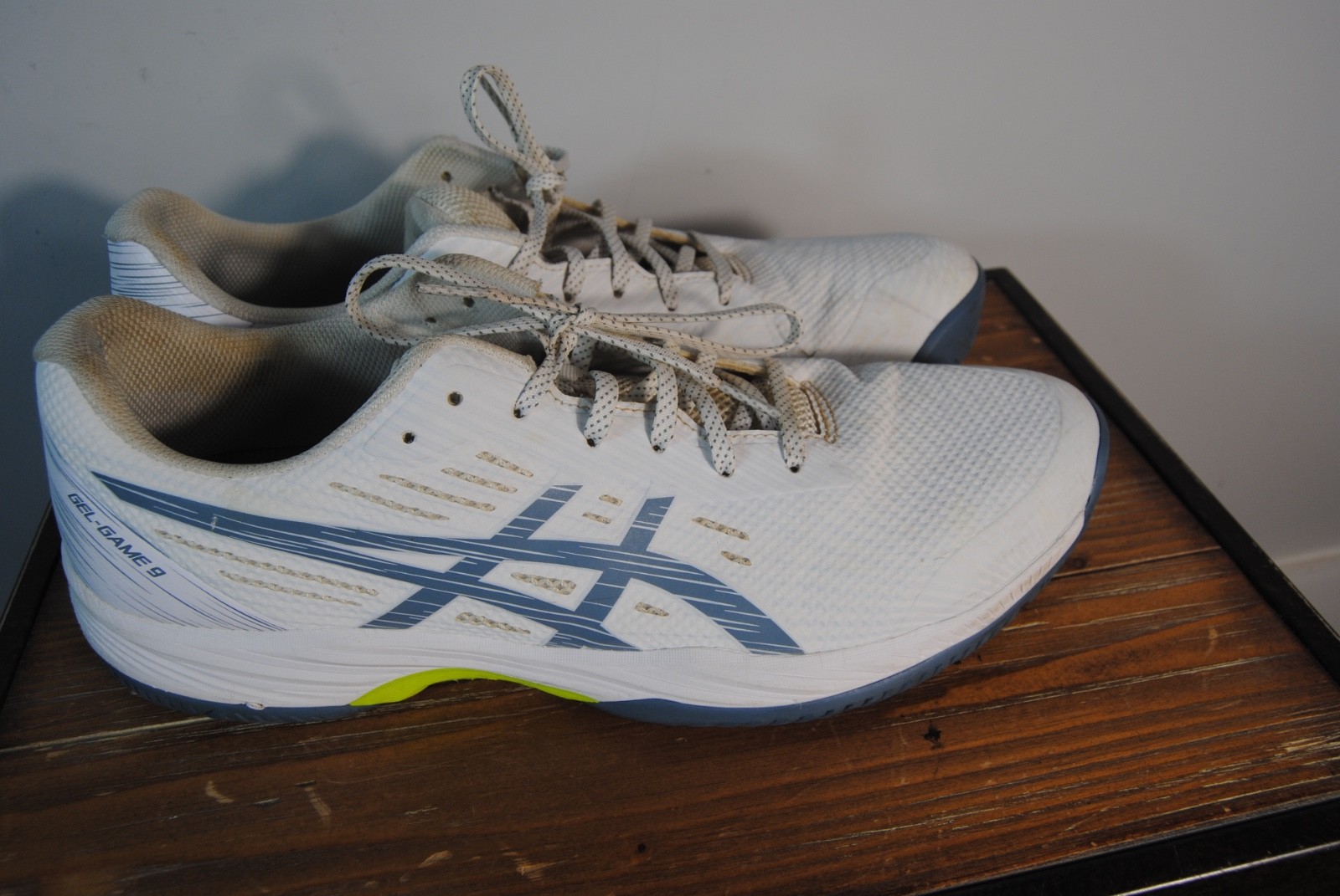 Asics Gel Game 9 White Steel Blue Men’s size 13. Tennis/pickleball Shoes
