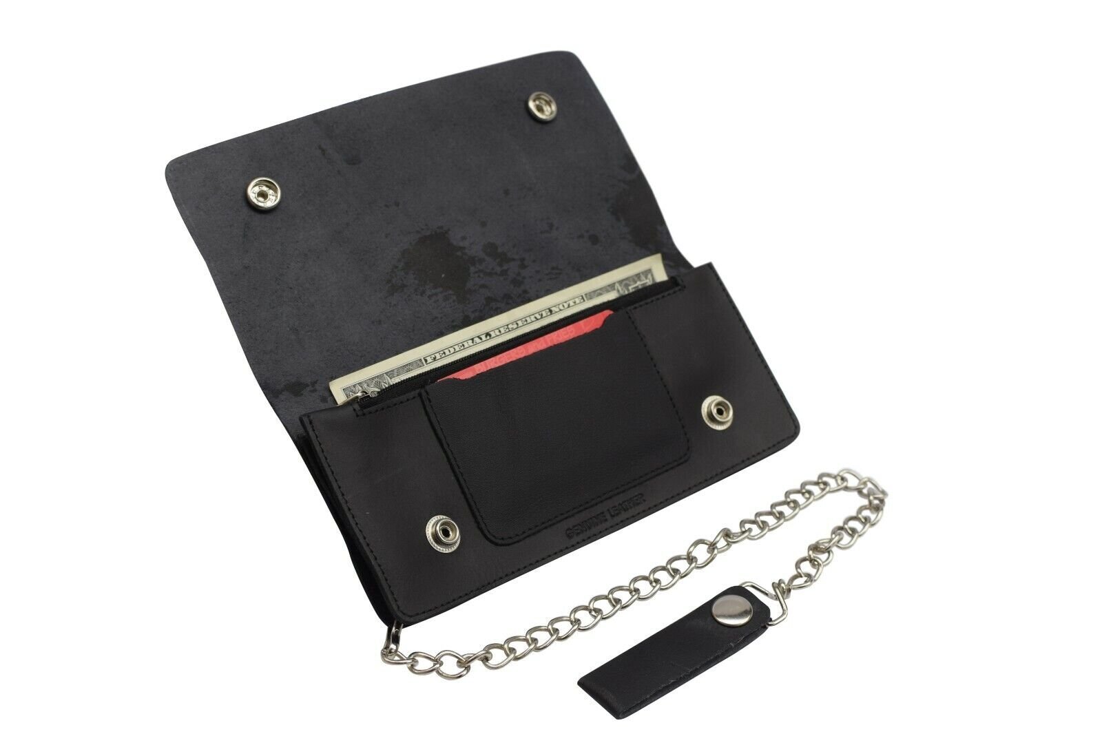 Leather Men Motorcycle Trucker Biker Chain Wallet With Inside Zipper, Black