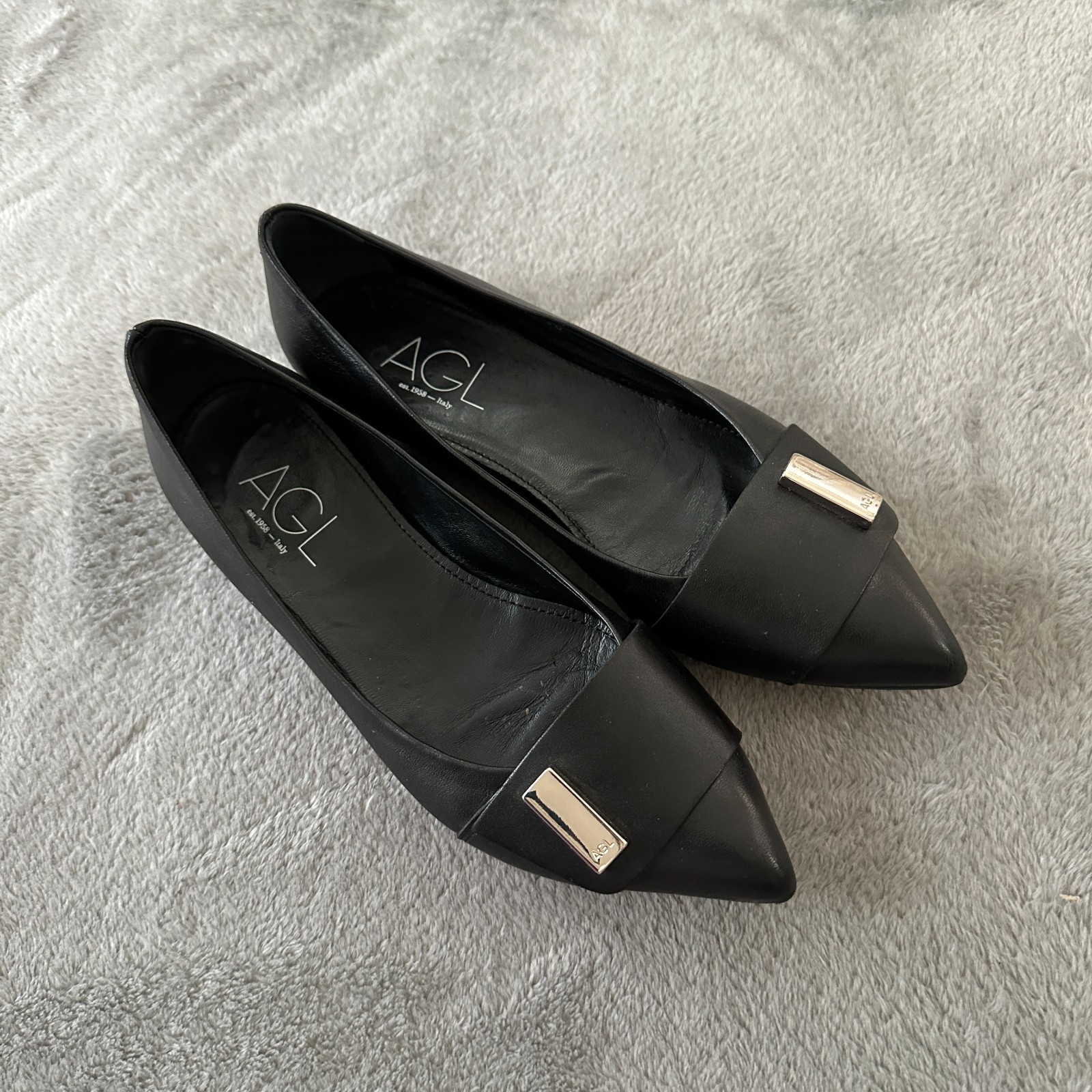 AGL Attilio Giusti Leombruni Black Leather Pointed Toe Ballet Flats Size EU 38