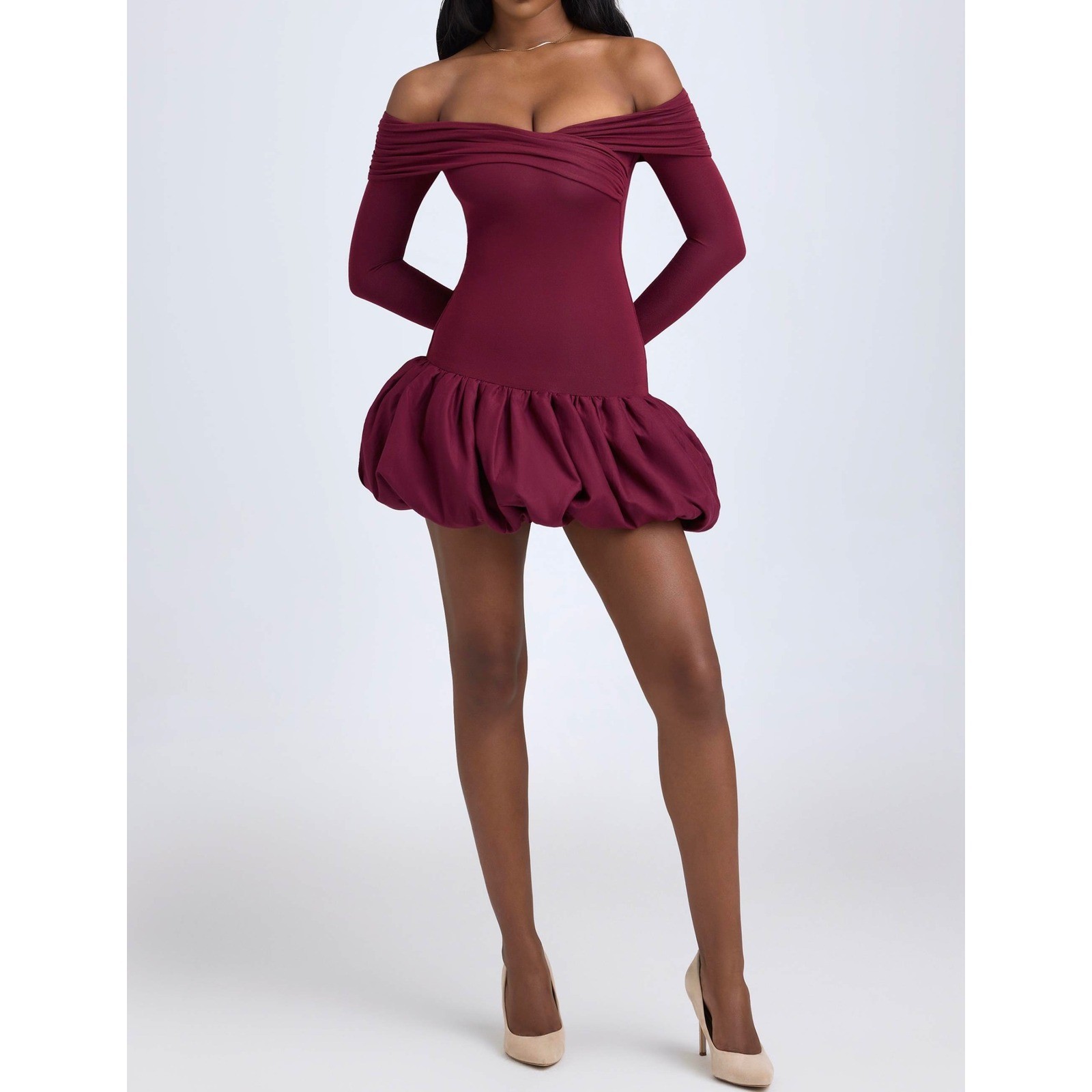 Oh Polly Wine Red Off Shoulder Long Sleeve Bubble Hem Mini Dress XXS Burgundy