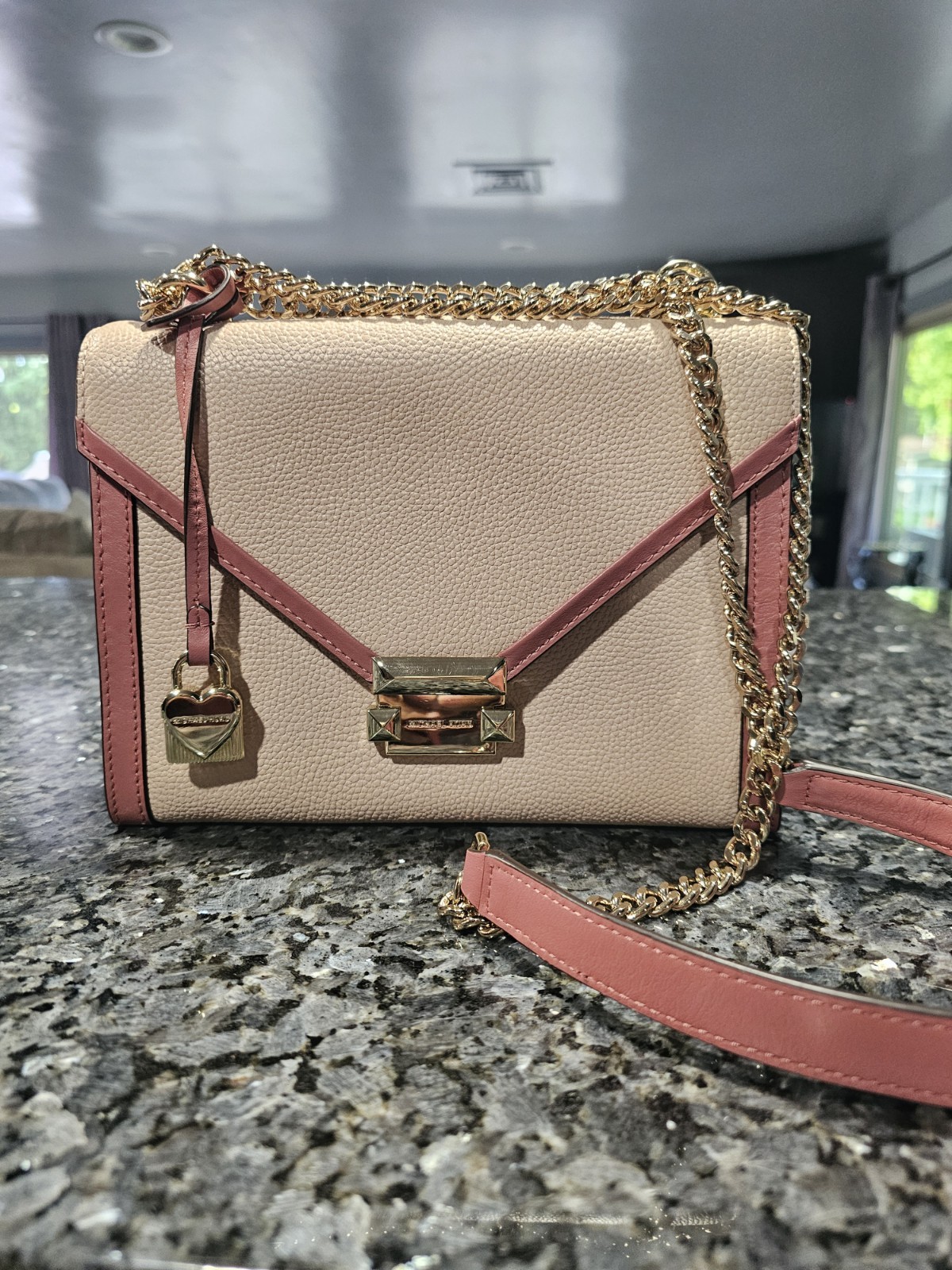 New Michael Kors Whitney bicolor leather small shoulder bag soft pink gold chain
