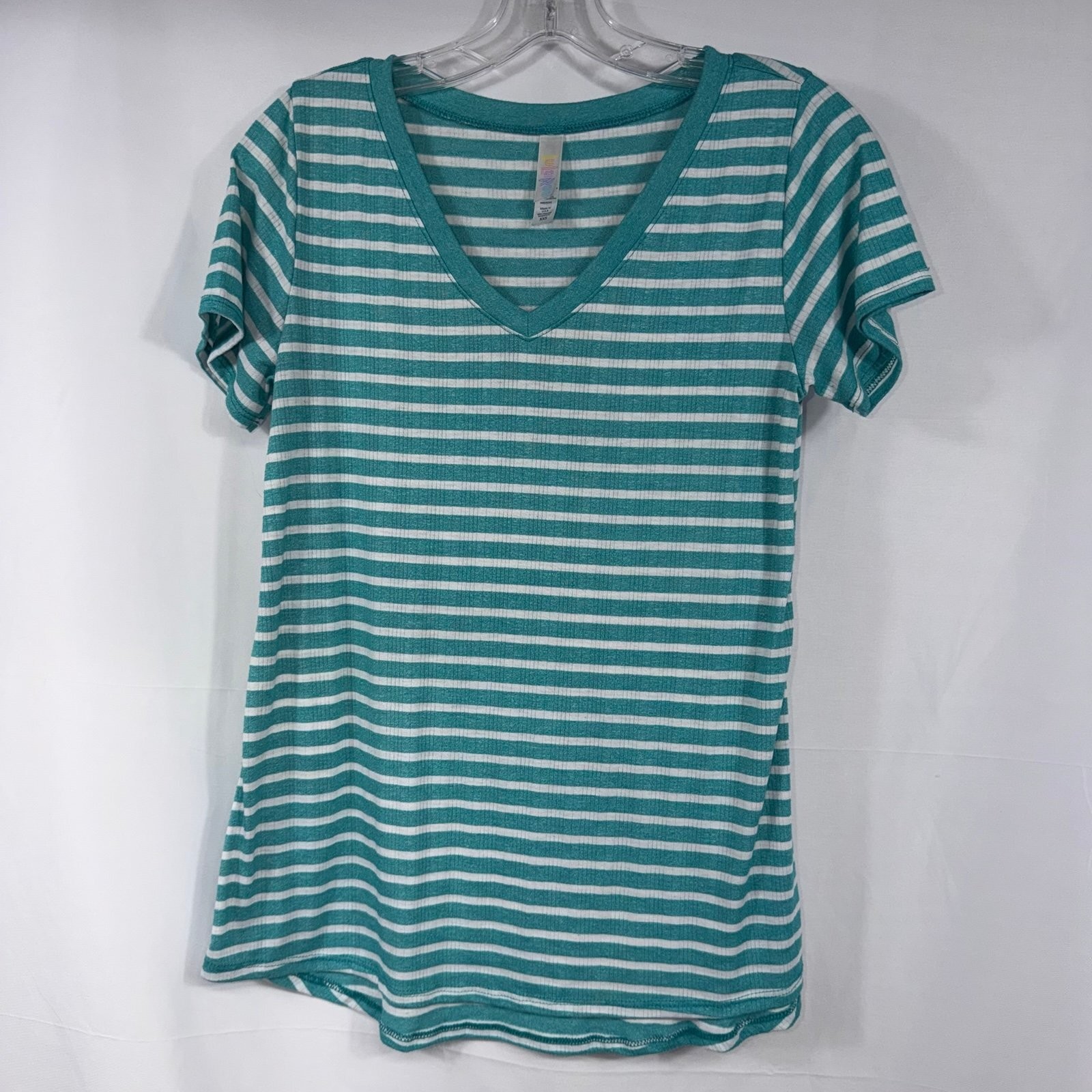 LuLaRoe Simply Comfortable Women’s Green & White Striped Ribbed V-Neck Tee XXS
