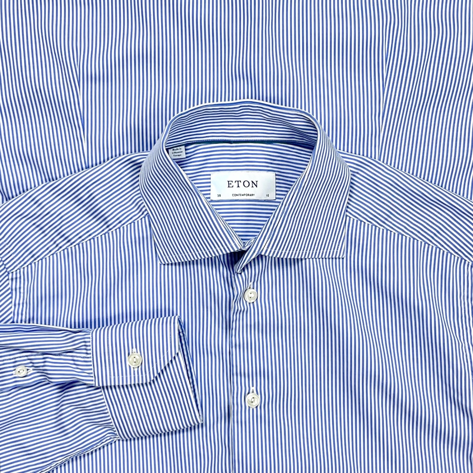 ETON Contemporary Men’s Luxury Striped Blue White Cotton Dress Shirt Size 38 15