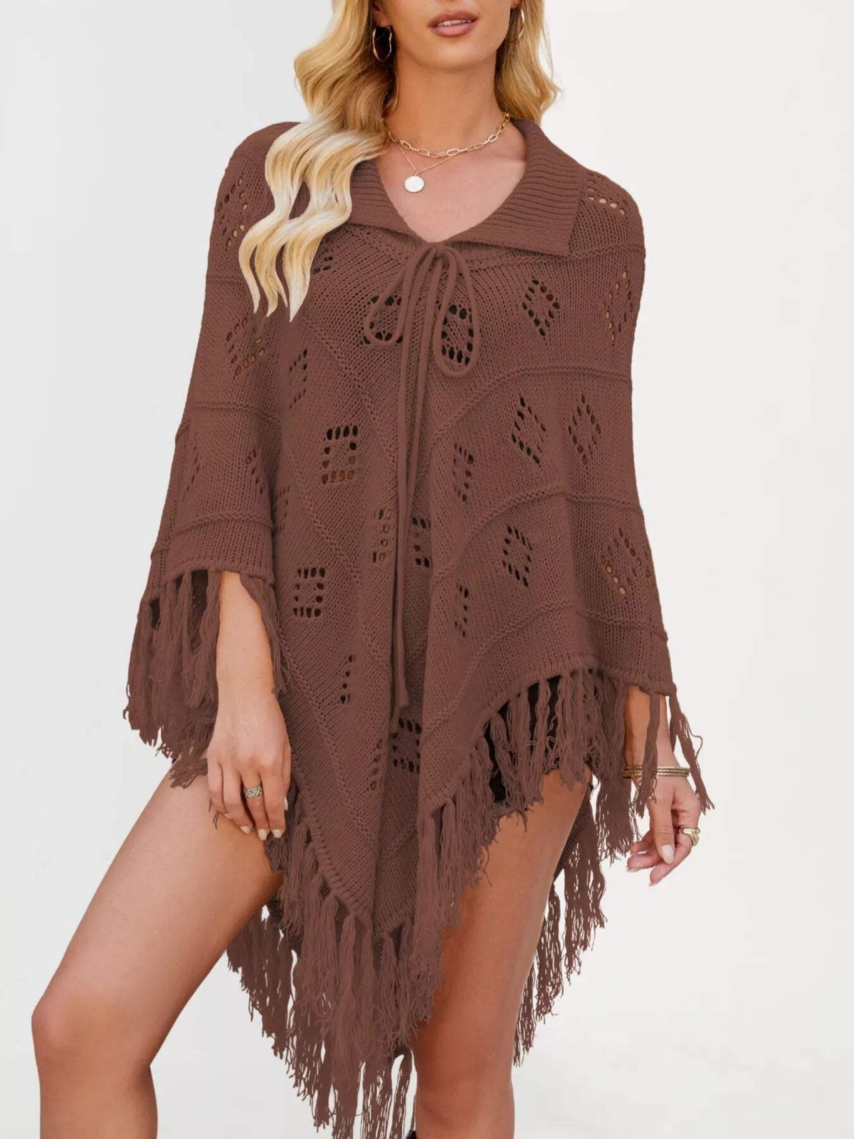 Women’s Fringe Tassel Tie Openwork Knit Boho Beach Cover Up Multi Colors S-XL