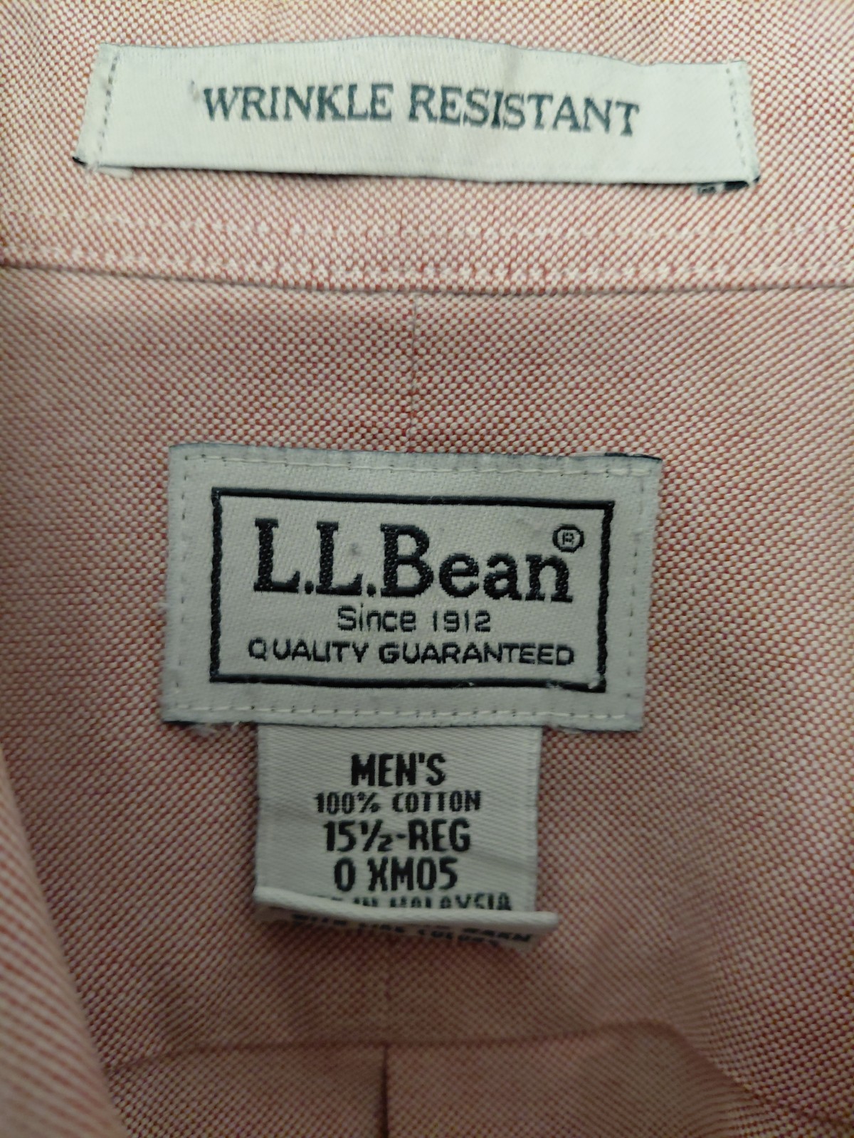 LL Bean Mens L Pink Wrik- Rest. 100% Pure Cotton Oxford Bicep-Sleeve Button Down