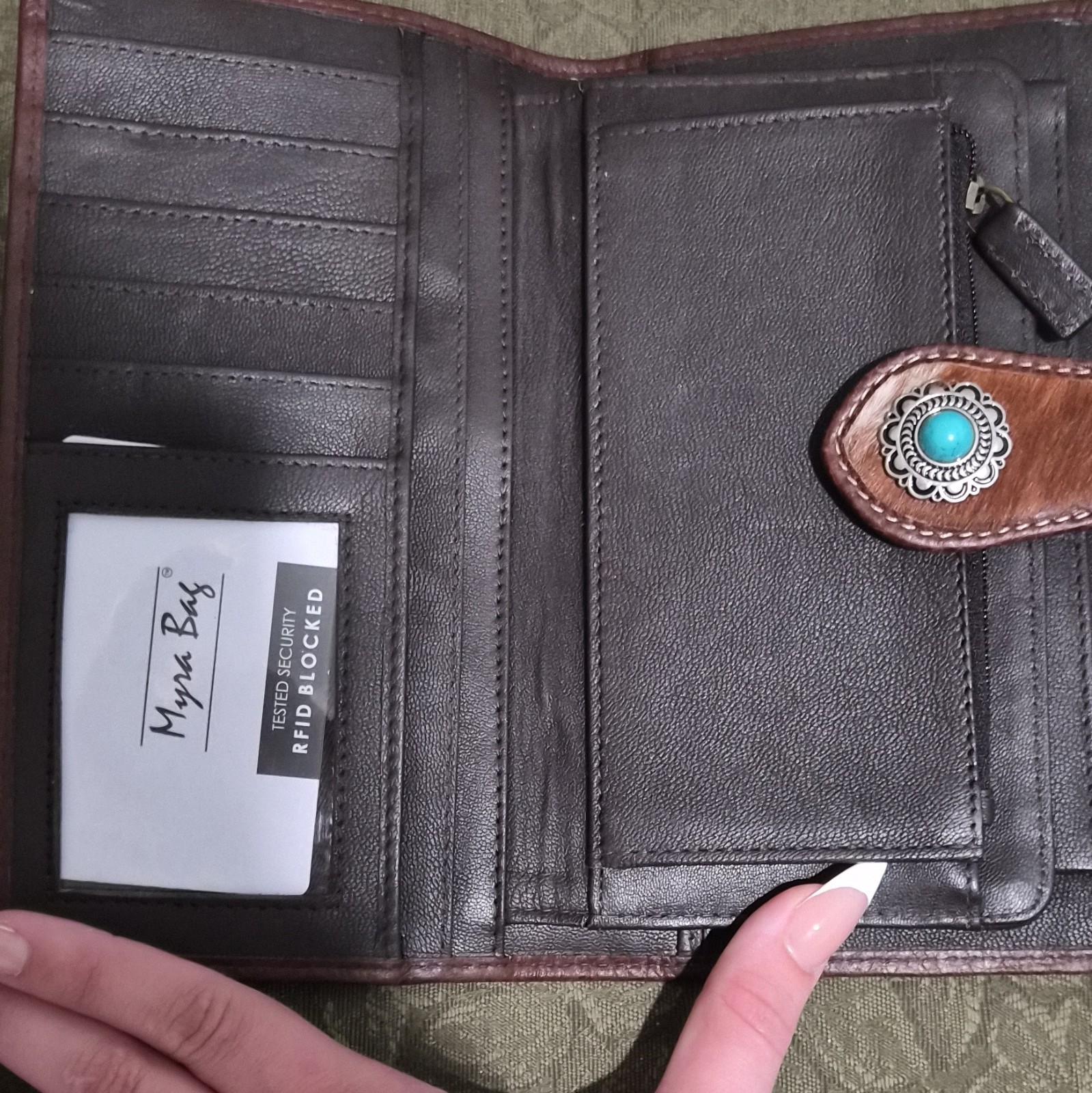 Myra Bag Brown RFID Blocking Folding Wallet w/ Snap Closure & Turquoise Concho