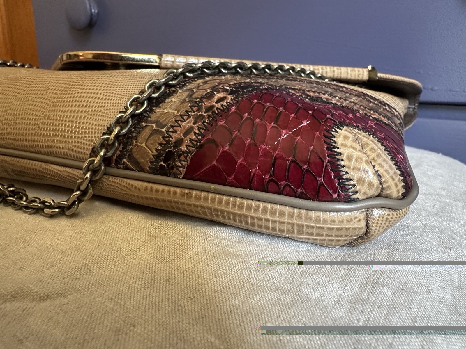 Vintage Original by Capice, snakeskin patchwork purse, chain strap, magnet close