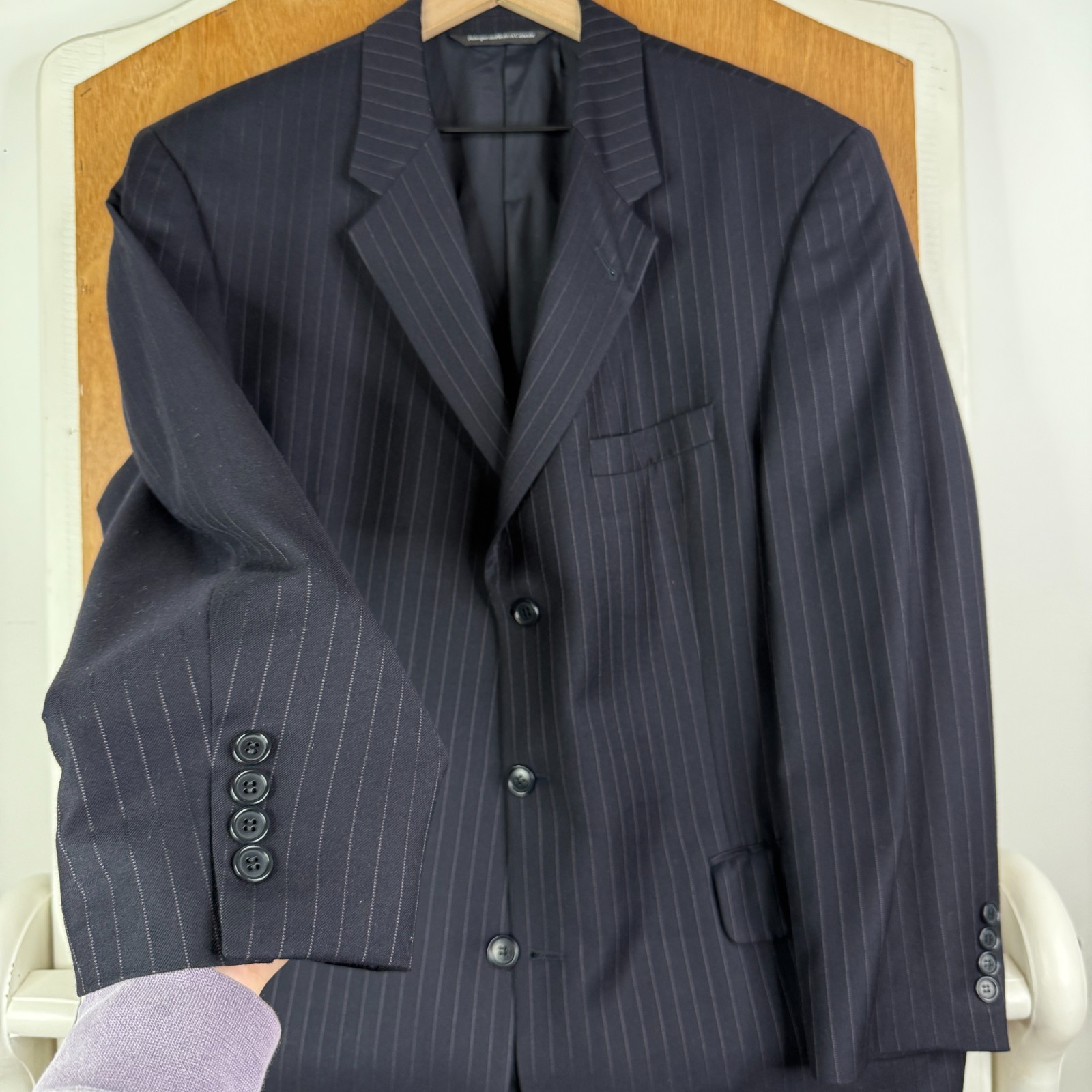Coppley Suit Mens 42L Navy Blue Pinstripe 3 Button Ermenegildo Zegna Cloth 36×30