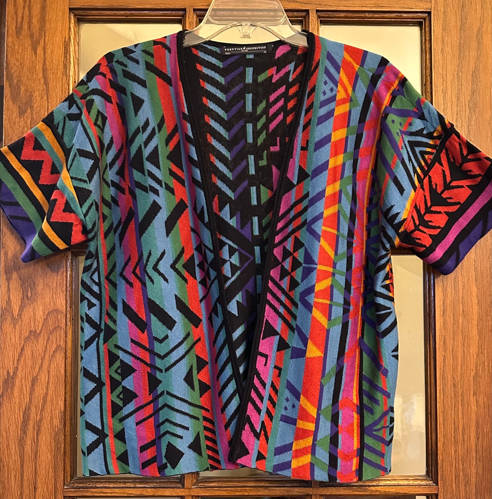 Peruvian Connection Colorful Geometric Aztec Short Open Cardigan Sweater XS S
