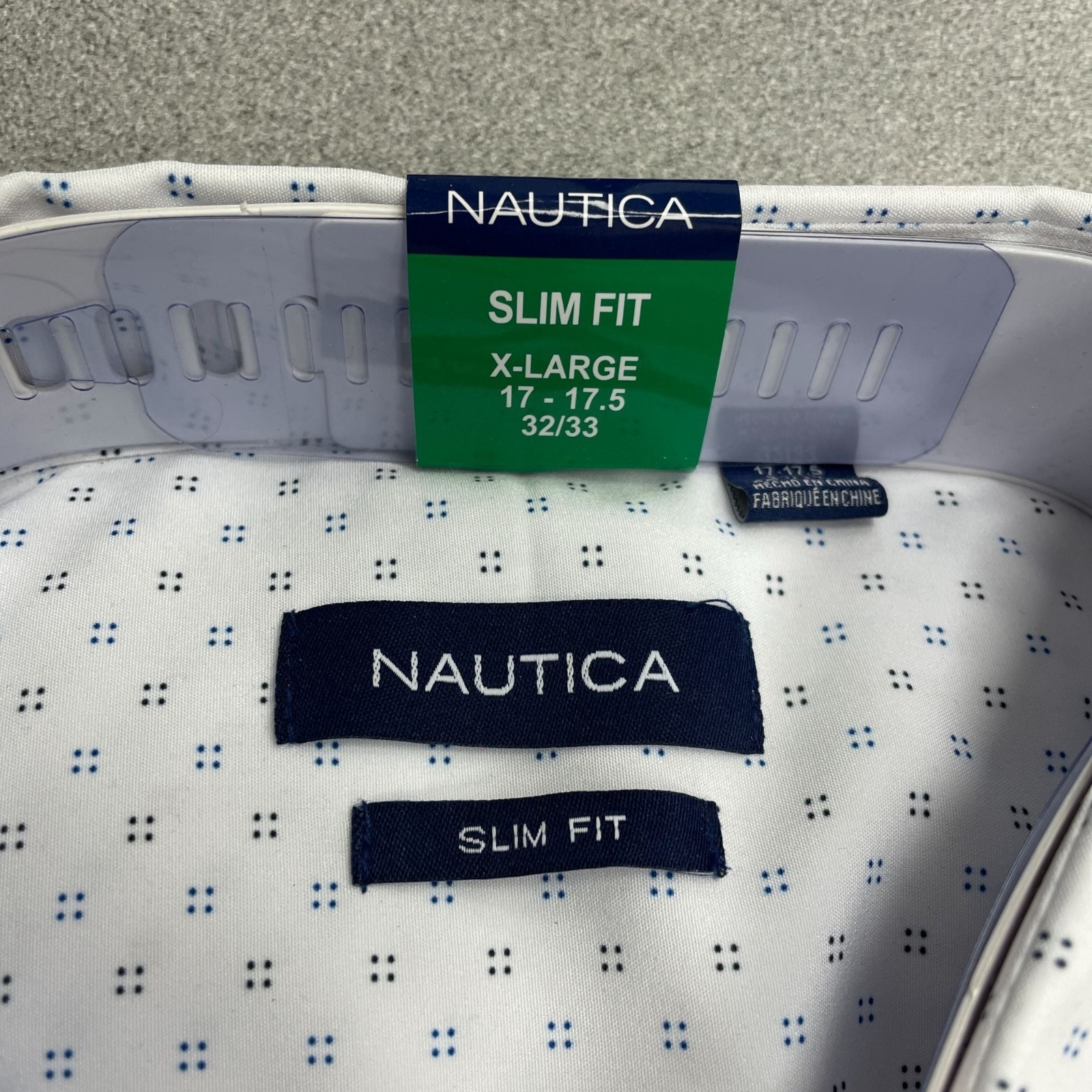 Nautica Slim Fit Men’s XL Performance Dress Shirt White W/ Blue Dot N0186