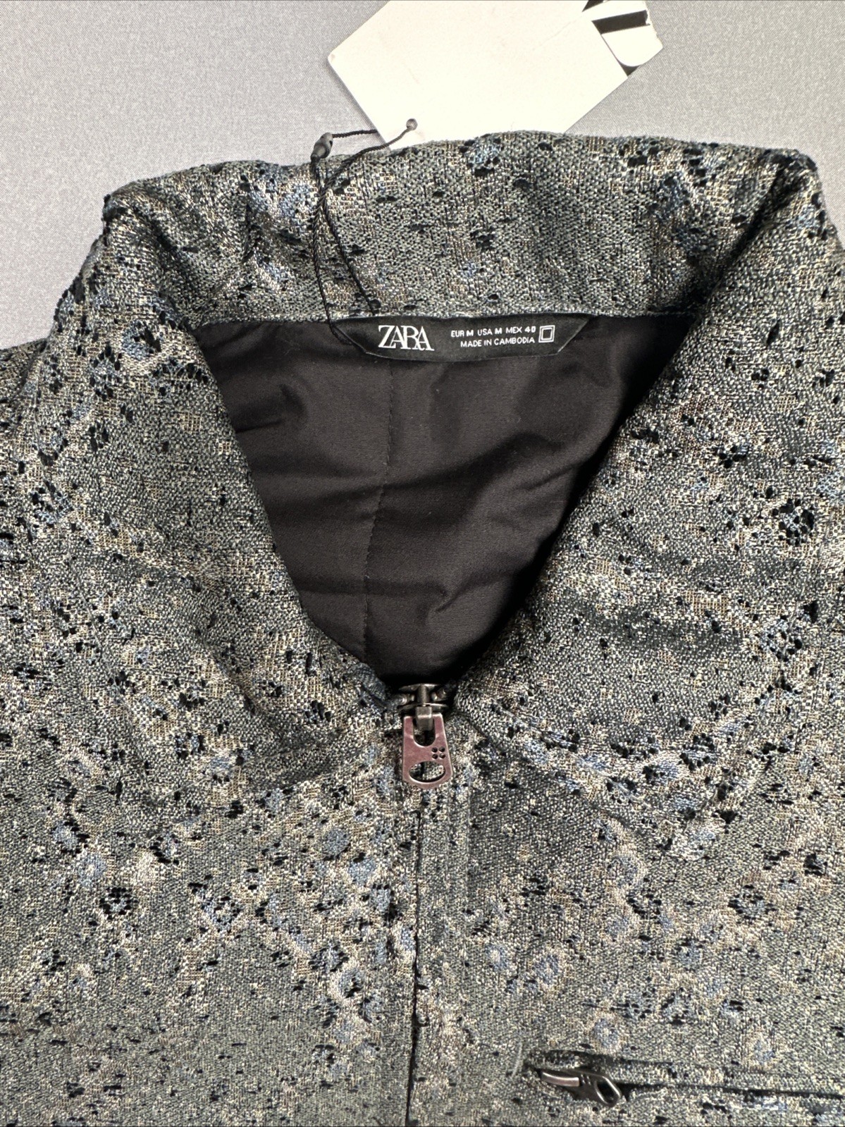 Zara Men’s Cropped Fit Jacquard Bomber Jacket Medium Black Grey Blue Coat NWT