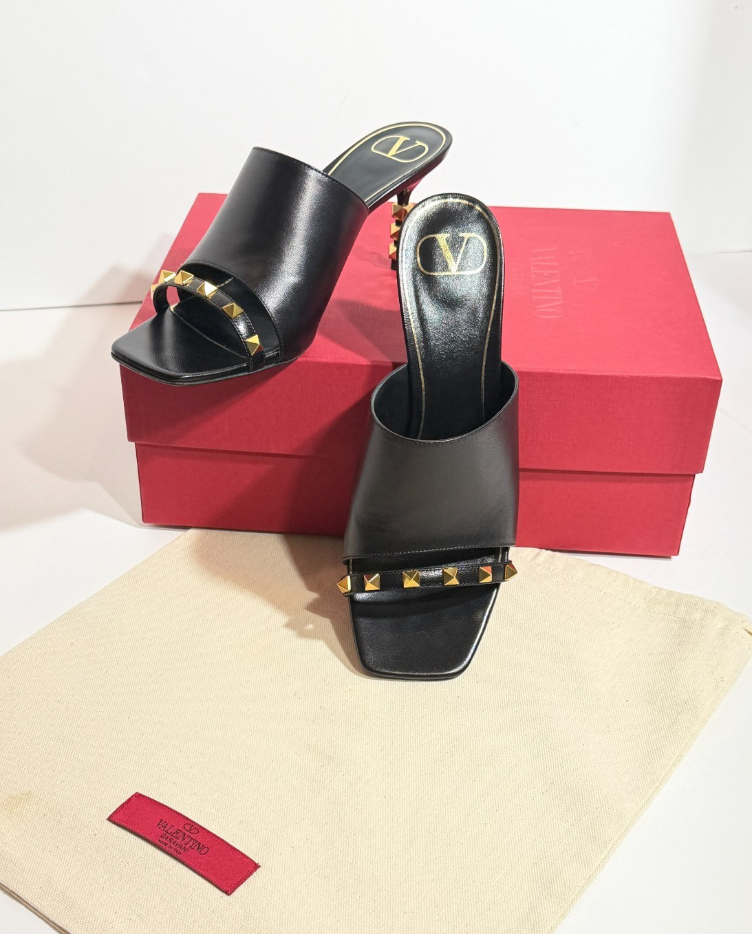 New Valentino Black Slide Sandals with Rockstud Accents 3 Inch Heels Size 38