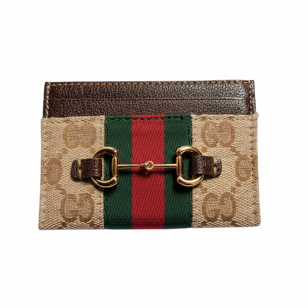 GUCCI Horsebit Canvas Card Holder Womens Sand Brown 3.9×2.8in
